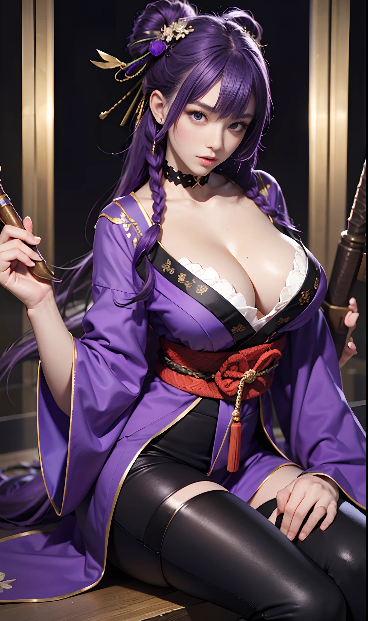masterpiece, best quality,solo,girl,closeup cleavage,photorealestic,realisticlying,skin textures,with black background,skinny pants,big breasts, beautiful,upperbody closeup, purple eyes, japanese clothes, purple hair, long hair,purple kimono, thighhighs, kimono, weapon, braid, --auto --s2