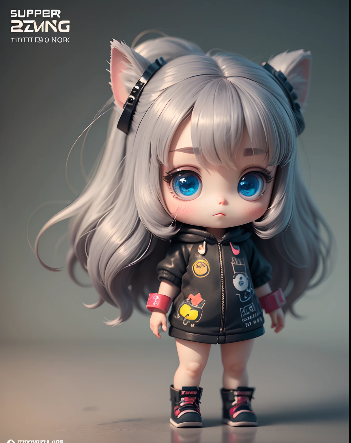 Super cute girl full body 3d picture, 1 Piece, Good looking eyes., s big eyes, ben lo, glad, C4D, Matt Pop Blind Box, Long gray hair, Bright bubbles, toyism, Solid color background, chibi, Translucent fluorescent, Luminous body, kawaii, humanoide, Reference table, Pop Mart Blind Box, pixar, intricate detailed, 3D rendering, blending, Renderizadoll OC, Fol body reference sheet,  dribble, high-detail, 10, studio light, 8.9, small, Toddler, chibi, SD characters: 23, Magic Space Warehouse Background