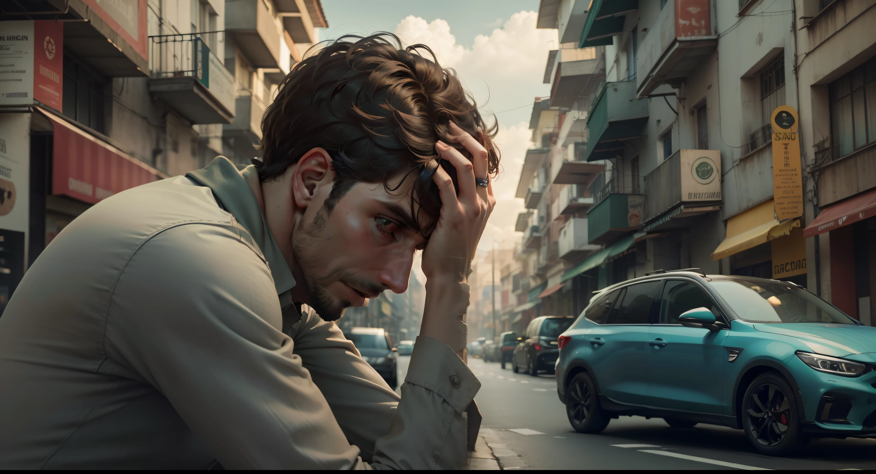 On the left hand, uma pessoa confusa com a vida, with your hands on your head, exuding concern;, a direita tomas shelby confiante como sempre olhando fixamente para a camera. paisagem urbana. Fotorealista, mapeamento de fotons, Foto 4k.