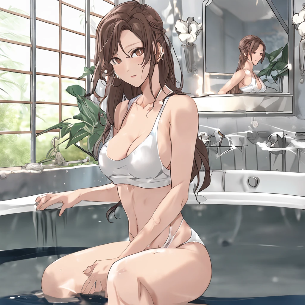 ((1girl:1.2))、((solo:1.5))、(​masterpiece、top-quality:1.2)、((Solo Photography))、((Shower water splashes on the body))、drooping eyes、Brown wavy hair、Brown eyes、gals、Look at viewers、stick your butt out、bath room、Wet body、Buttocks、((Three-dimensional big buttocks:1.2))、、Professional Writing、(Highly detailed facial and skin texture)、big eye、long lashes、large full breasts、Gravure photography、Angle of pull、de pele branca、T back、Sexy lighting、enticing、Sheer T-shirt、gals