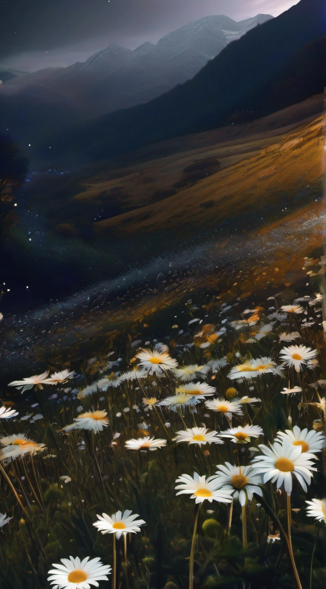 Daisy flowers all over the mountains, Starry sky in the evening, Intoxicating, Surrealism, chiaroscuro, first-person view, Sony FE GM, Verism, 8k, super detail, high details, masterpiece
