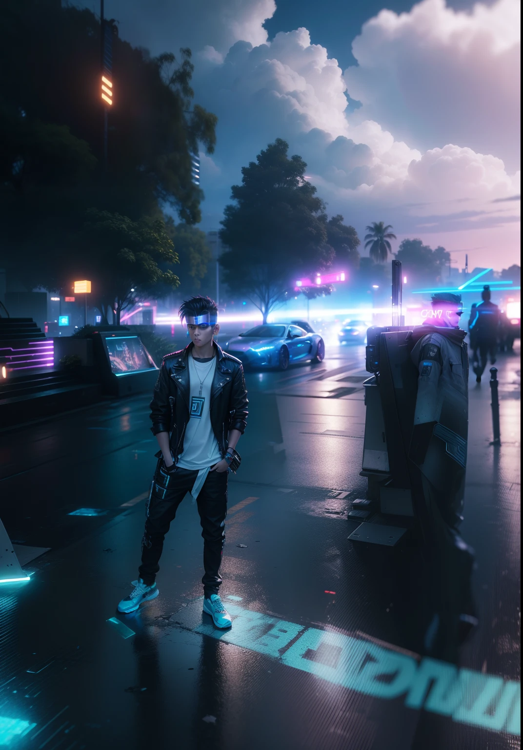 (1)change background (2)cyber Punk (3)handsome boy (4)realistic face (5)8k (6)Ultra realistic