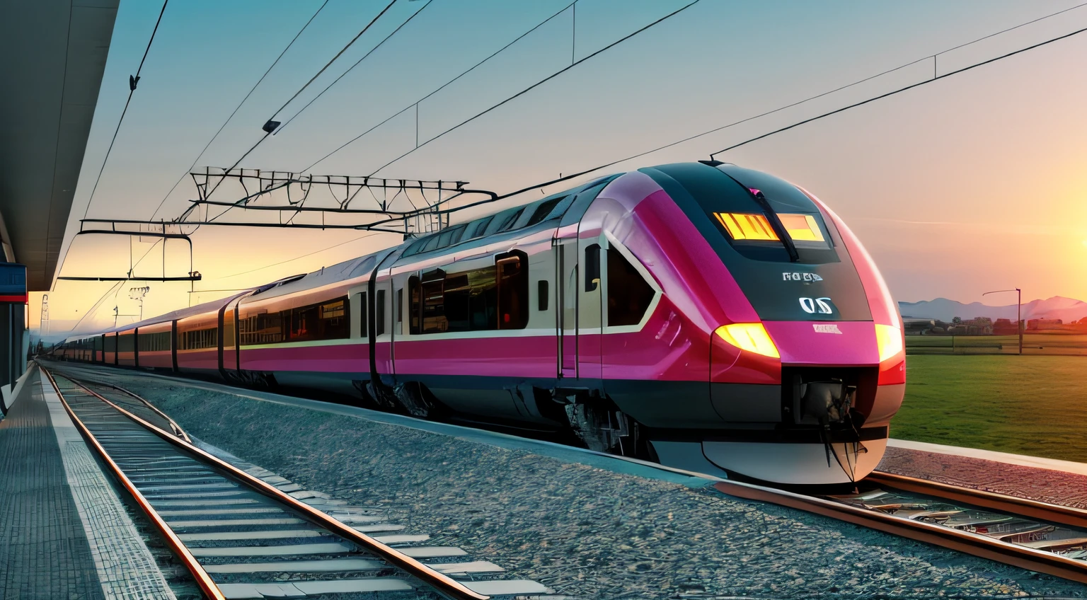 High speed train in motion on the railway station at sunset. Fast moving modern passenger train on railway platform. Railroad with motion blur effect, Negative prompt: asian, chinese, bad-hands-5, easynegative, BadDream, UnrealisticDream, cartoon, clock, chair, painting, illustration, (worst quality, low quality, normal quality:2),