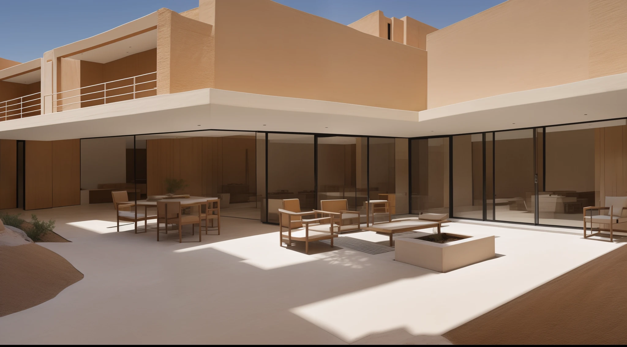 There is a building with a courtyard,There is a tree in front, a middle-shot from front, Rammed earth courtyard, Taco, Neo-Andean architecture, Neo-Andean architecture, archdaily, Hillside desert pavilion, shaxi, arhitectural shot, Lab Room, author:Simon Garn, (Ultra detailed, bird's eyes view),exterior wide shot, Pueblo architecture, Rammed earth courtyard, Pueblo dense buildings, a wide full shot, 3 / 4 additional - wide-angle lenses, up front view, exterior photo, central image, a long-shot from front, New Mexico