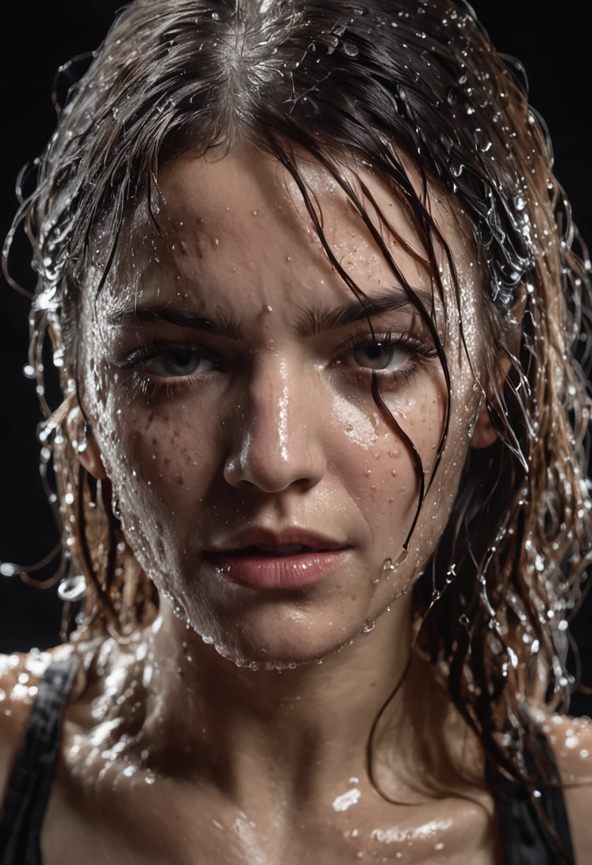 a close up of a woman with wet hair and a black background, crying fashion model, photography of albert watson, tears dripping from the eyes, wet dripping hair, awesome and moody, by irakli nadar, tears running down face, 8k artistic portrait photography, rain drops on face, black and white artistic photo, sultry expression, emotive portrait, close up, face portrait, macro lens, 100mm 1.8, dramatic pose, award winning portrait, crystal clear, micro-details