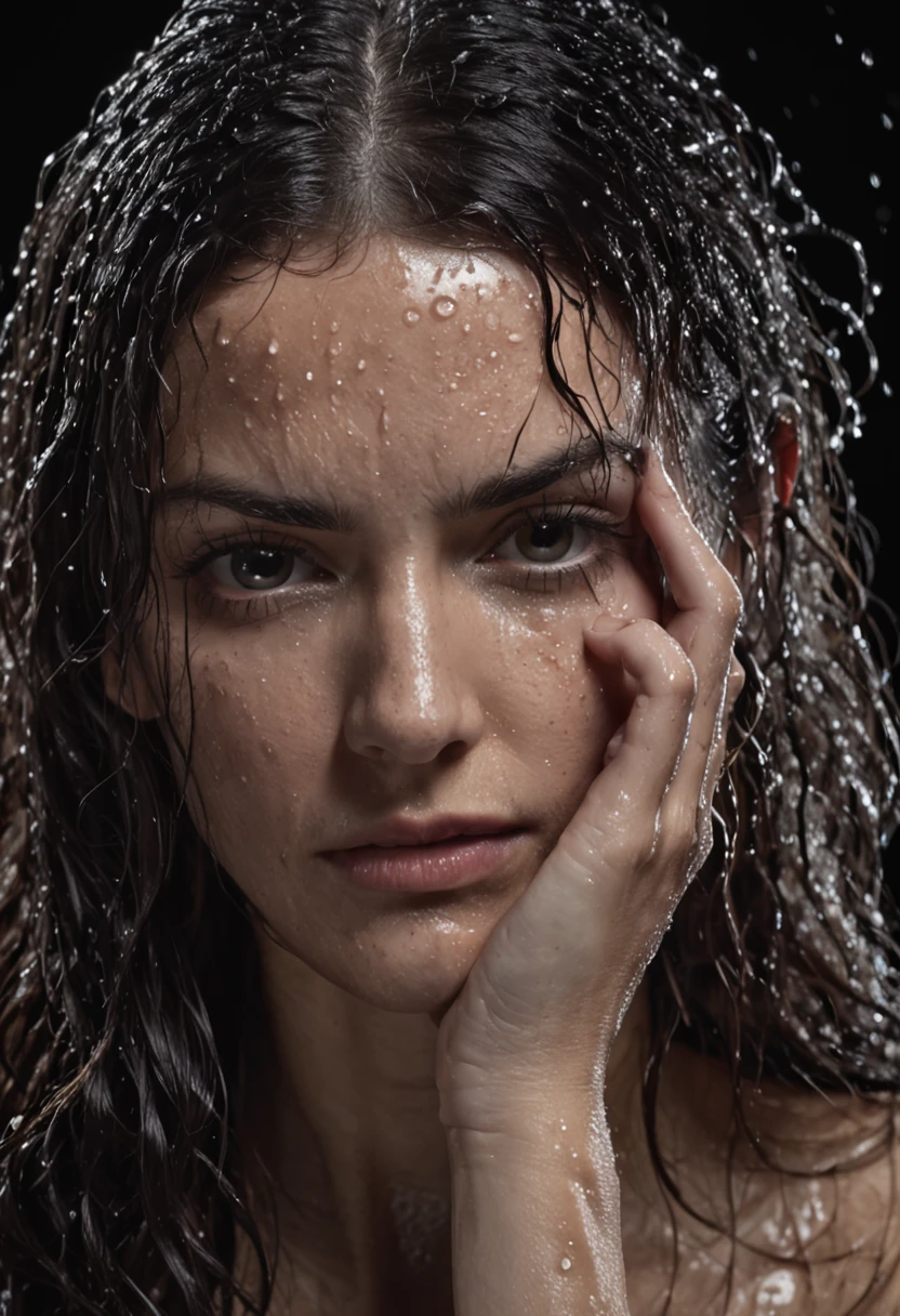 a close up of a woman with wet hair and a black background, crying fashion model, photography of albert watson, tears dripping from the eyes, wet dripping hair, awesome and moody, by irakli nadar, tears running down face, 8k artistic portrait photography, rain drops on face, black and white artistic photo, sultry expression, emotive portrait, close up, portrait, macro lens, 100mm 1.8, dramatic pose, award winning portrait, crystal clear, micro-details, eye portrait