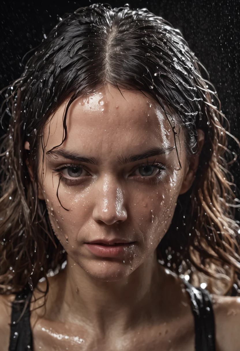 a close up of a woman with wet hair and a black background, crying fashion model, photography of albert watson, tears dripping from the eyes, wet dripping hair, awesome and moody, by irakli nadar, tears running down face, 8k artistic portrait photography, rain drops on face, black and white artistic photo, sultry expression, emotive portrait, close up, portrait, macro lens, 100mm 1.8, dramatic pose, award winning portrait, crystal clear, micro-details, eye portrait, shallow depth of fields