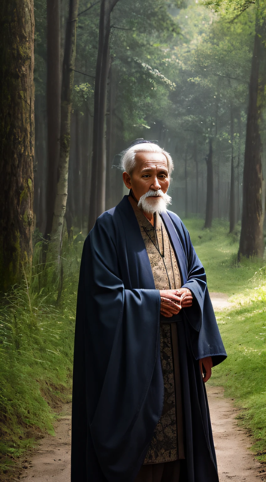 Portrait photography style, world masterpiece, super unique high professional digital art, film format, hyper-realism, color cinematography with ultra-fine details and quality, background is deep in the forest, an old man in rural China, an old man with wisdom. He wears an old cloak and his eyes are kind and shrewd. He was looking forward, his skin had been blackened and powerful by the sun and rain, and the wrinkles were fixed on the corners of his mouth and forehead, making it seem that his years had precipitated. Although wearing a dark gown, although simple in appearance, it exudes sublime wisdom and a sense of tenacity of strength.