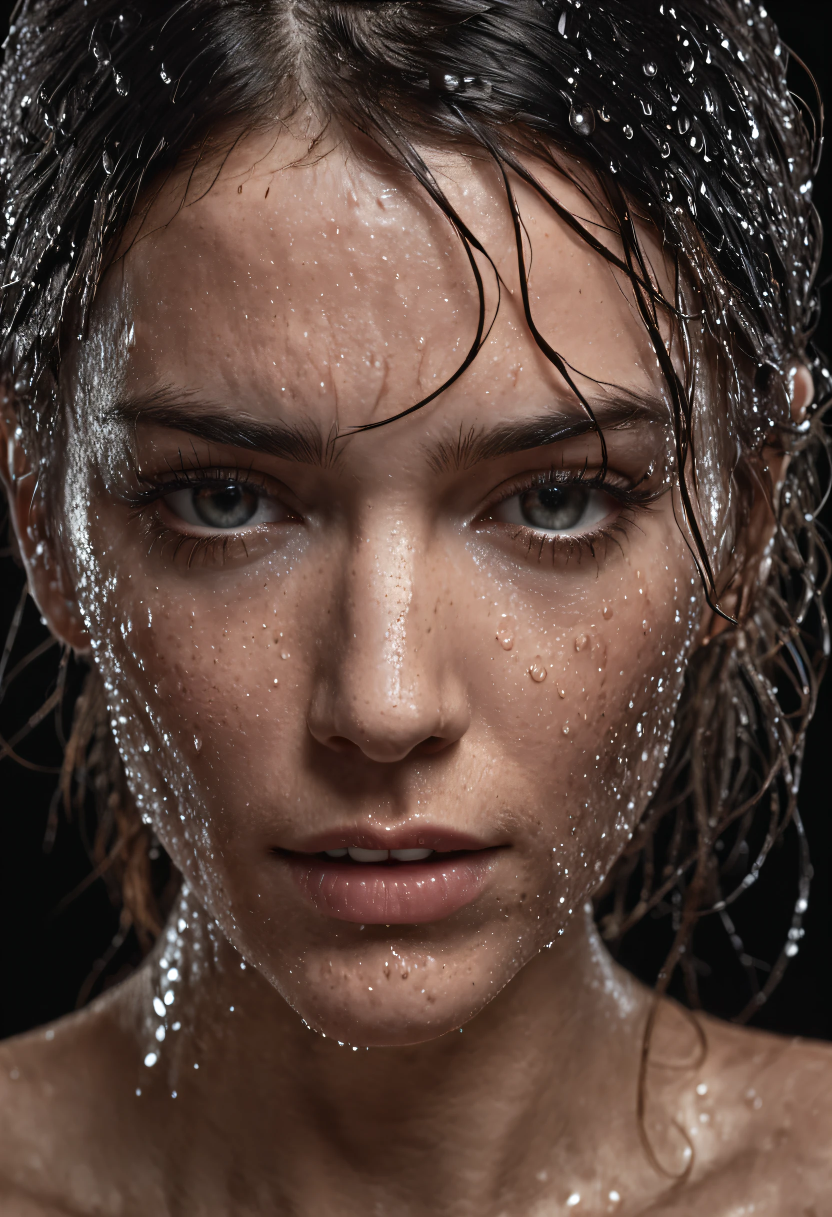 a close up of a woman with wet hair and a black background, crying fashion model, photography of albert watson, tears dripping from the eyes, wet dripping hair, awesome and moody, by irakli nadar, tears running down face, 8k artistic portrait photography, rain drops on face, black and white artistic photo, sultry expression, emotive portrait, close up, portrait, macro lens, 100mm 1.8, dramatic pose, award winning portrait, crystal clear, micro-details, eye portrait