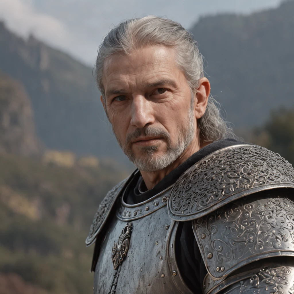 photorealistic, top quality, masterpiece, cinematic composition, slow motion, (medium shot of a medieval knight, sombre and weathered face, beard, grey hair:1.2), chain mail and plate armour, (realistic and detailed|intricate armour:1.1), (visible face:1.3), (photorealistic physiognomy|eyes|iris|skin|musculature, detailed skin, skin texture, natural skin), (holding a sword in his hand:1. 2), frontal perspective, imposing and determined pose, looking forward with determination, skin imperfections, natural skin wrinkles, natural skin spots, highly detailed clothes, abundant details, intricate details, realistic wrinkles in clothing, medieval fantasy landscape, cloudy sky, castle in the background in the distance, radiant lighting, deep shadows, dramatic scene, dark and cool colour palette, blue and grey tones, No other characters in the scene, abundant detail|intricate, detailed landscape, volumetric lighting, (detailed lighting), (detailed light reflections on armour:1. 1), 8k, highly detailed, UHD, HDR, photorealistic facial expression|hairstyle