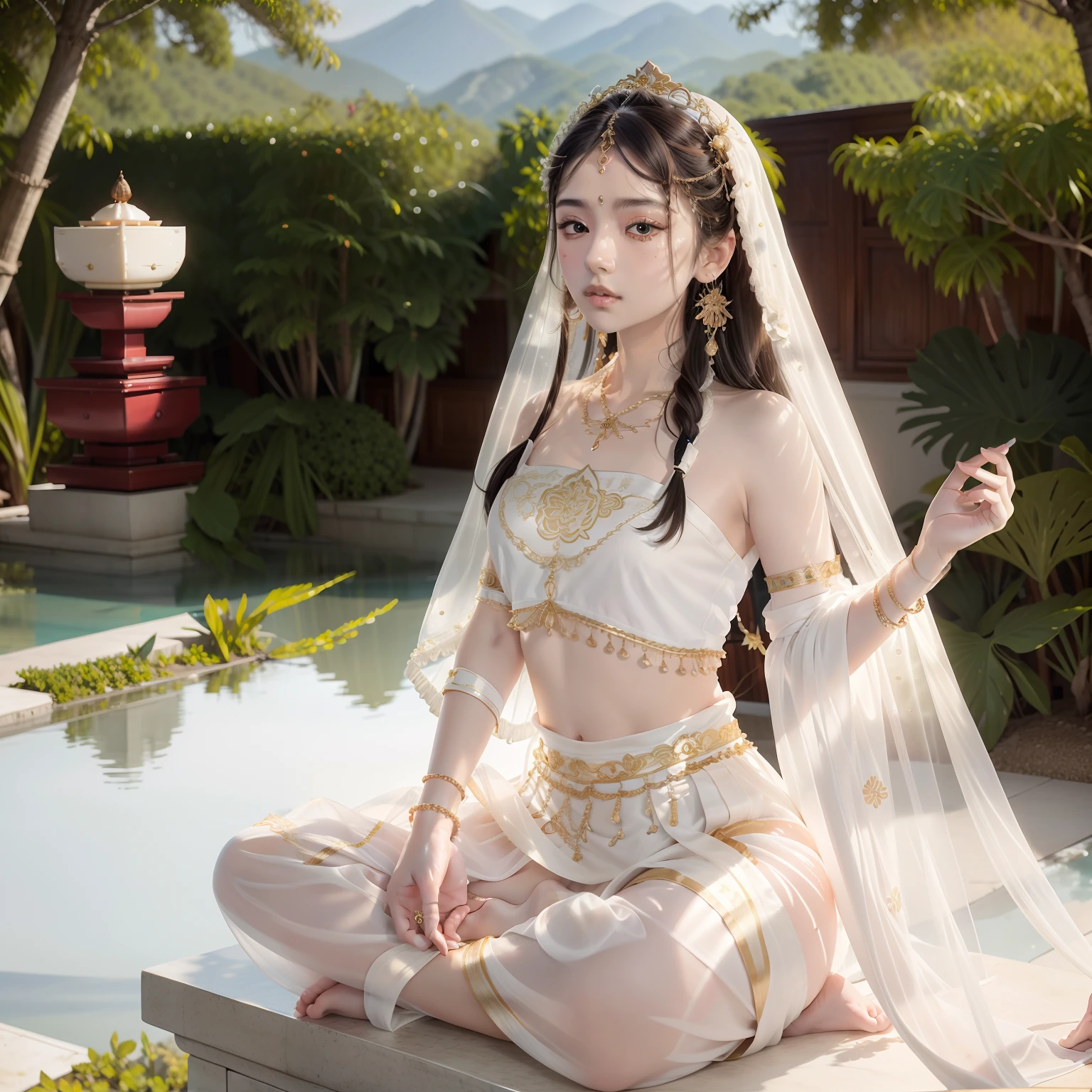 A tantric beauty wearing a white transparent lolita does yoga lotus sitting meditation on a lotus pedestal，Delicate and good-looking face