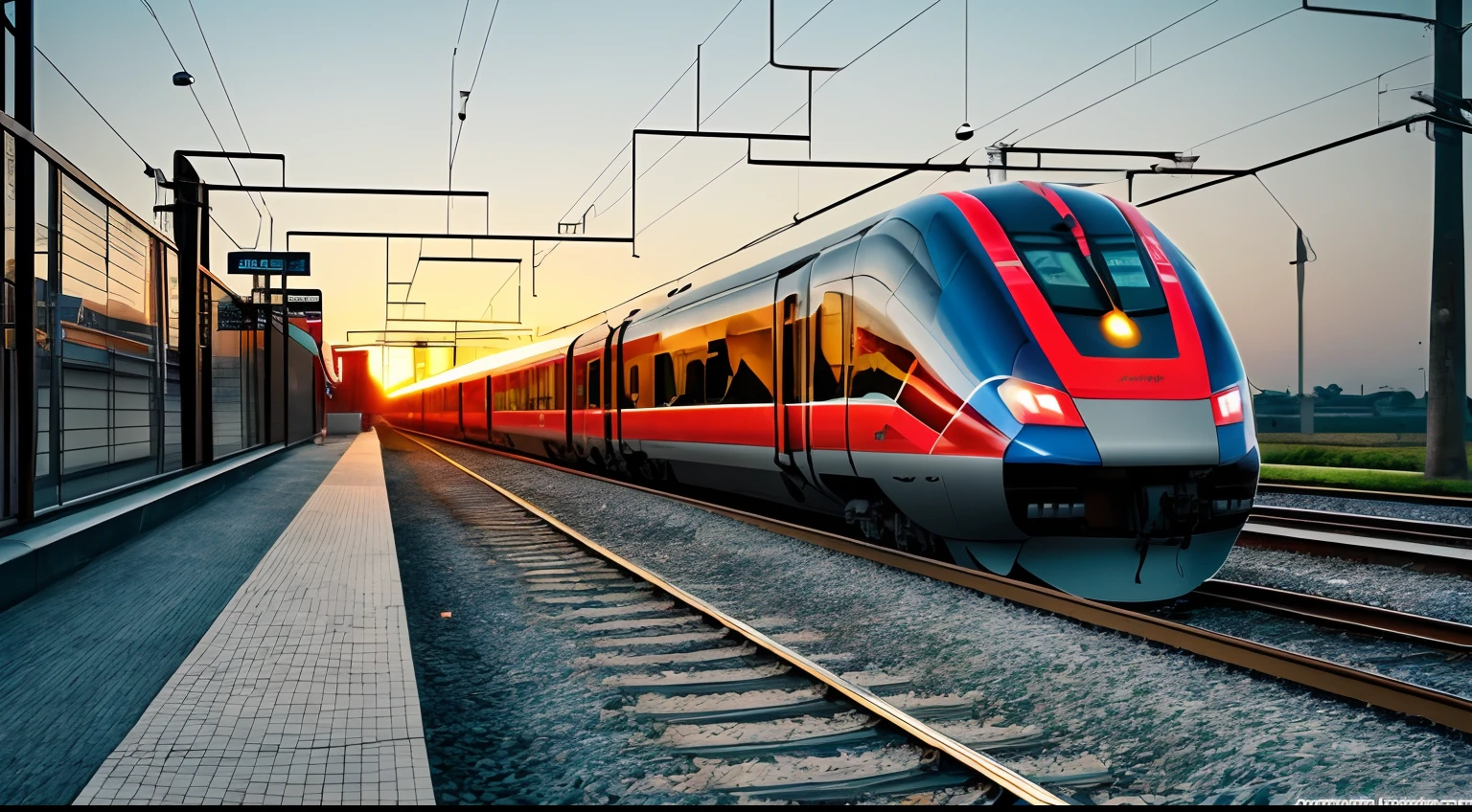 High speed train in motion on the railway station at sunset. Fast moving modern passenger train on railway platform. Railroad with motion blur effect, Negative prompt: asian, chinese, bad-hands-5, easynegative, BadDream, UnrealisticDream, cartoon, clock, chair, painting, illustration, (worst quality, low quality, normal quality:2),
