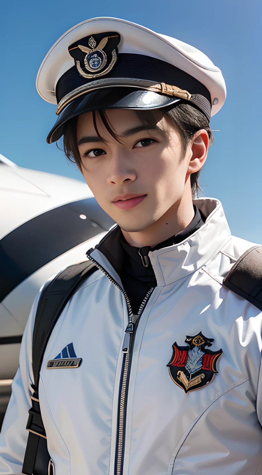 ((Men only)), (head shot), ((showing his abs)), (handsome muscular man in his 30s), (pilot), (The pilot wears white jacket, adorned with insignia, complemented by a fitted white cap), (airplane in the background), (Johnny Edlind), (Mischievous smile), (detaile: 1 in 1), Natural muscles, HIG quality, beautidful eyes, (Detailed face and eyes), (Face、: 1 / 2), Noise, Real Photographics、... .................................................................................................................PSD, Sharp Focus, High resolution 8K, realisitic & Professional Photography, 8K UHD, Soft lighting, High quality, Film grain, FujifilmXT3