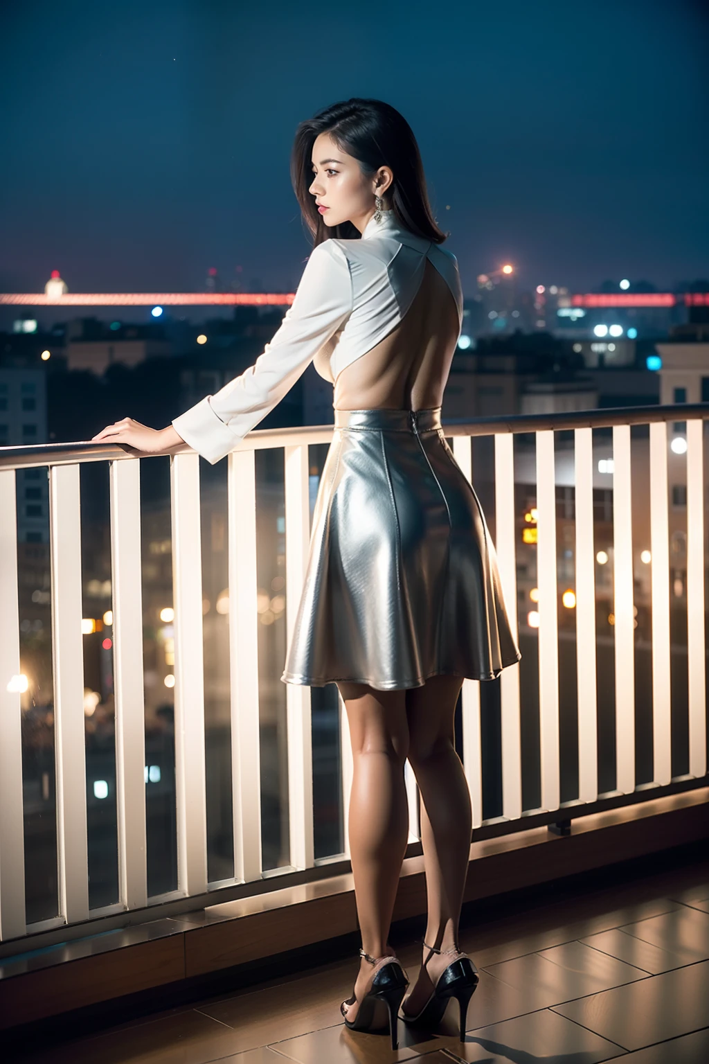 (8K分辨率,Vista full body back photo,Capture of the woman's back),(1womanl,20yr old,((head:Only hair can be seen,The face is not visible),(action:Looking into the distance of the city without looking at the camera),Windswept hair),Delicate and sexy back,Fair smooth skin,(Best Skin Type:1.21),The back is rich in detail,(Butterfly bone),captivating curves,(Classic slip hip skirt:1.4,(Extensive bare back,Thin wire links the blouse)),(Attractive long legs),bangle,delicate high heels,Tall figure,Exquisite back artwork,perfect hand,Ultra-fine clothing material),(Balcony on the upper floor,City night background,Exquisite environmental details),(Professional lighting,动态照明),((Uniform color,(silvery white,brown pubic fur,black in color,blue colors,red colour))),(Golden section,A fantastical back,Hasselblad photograp,tmasterpiece:1.3),(The object of fantasy,street fashion,trendsetting,Artis,Art platform)
