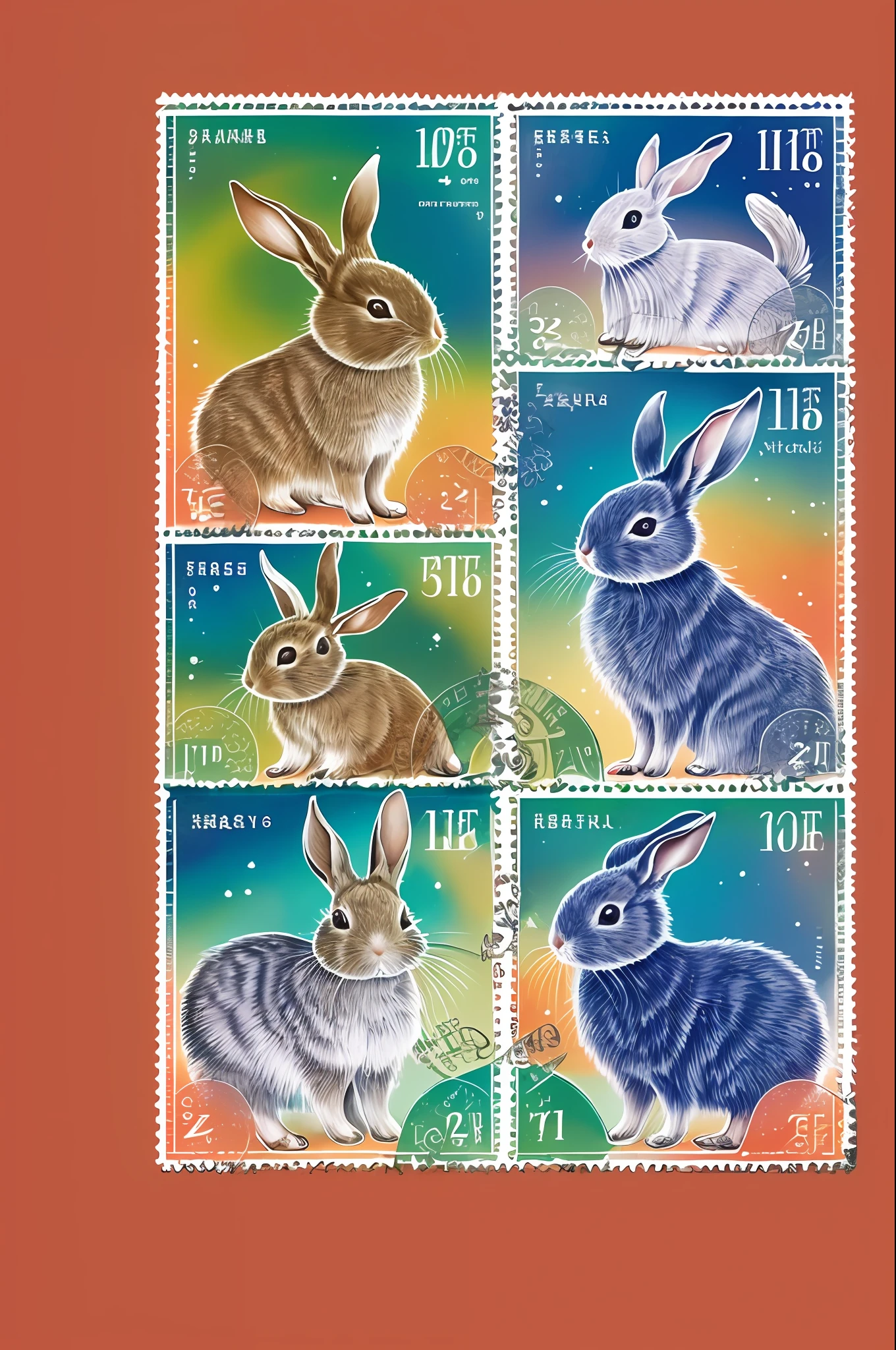 Postage stamps in Vietnam depict a rabbit, Psychedelic surrealist style, Qing dynasty, photo taken with ektachrome, Indigo and green, Japanese folk art, Bamileek Art, Otherworldly creatures