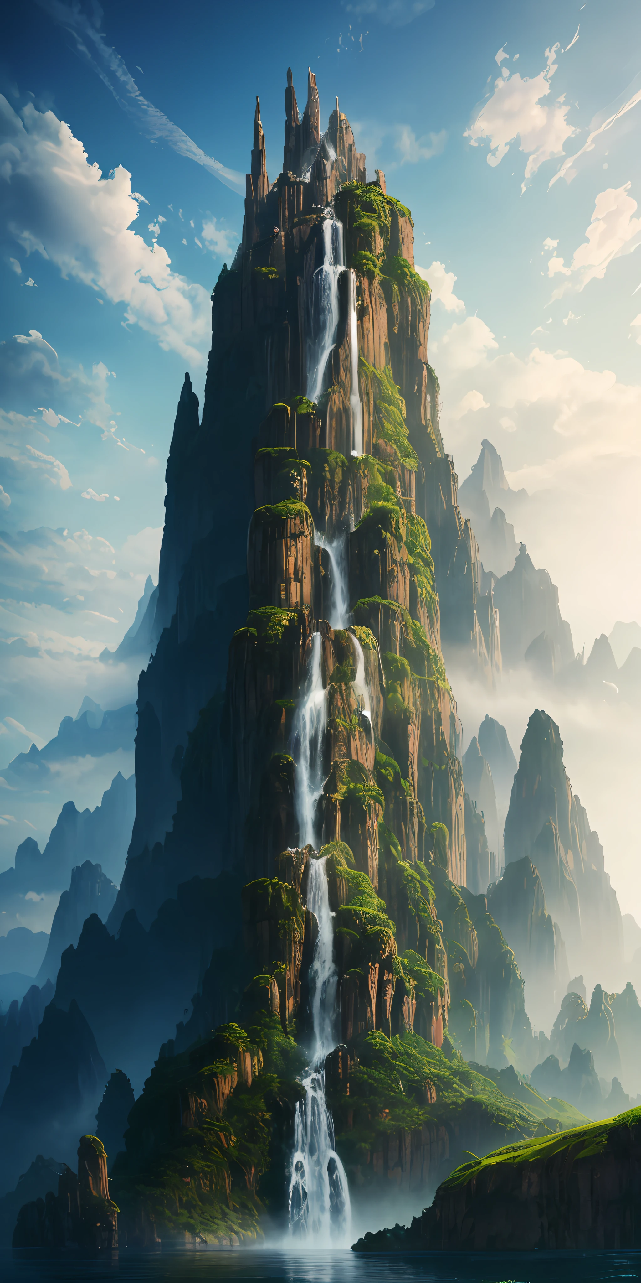 masterpiece, best quality, high quality, extremely detailed CG unity 8k wallpaper, scenery, outdoors, sky, cloud, day, no humans, mountain, landscape, water, tree, blue sky, waterfall, cliff, nature, lake, river, cloudy sky,award winning photography, Bokeh, Depth of Field, HDR, bloom, Chromatic Aberration ,Photorealistic,extremely detailed, trending on artstation, trending on CGsociety, Intricate, High Detail, dramatic, art by midjourney