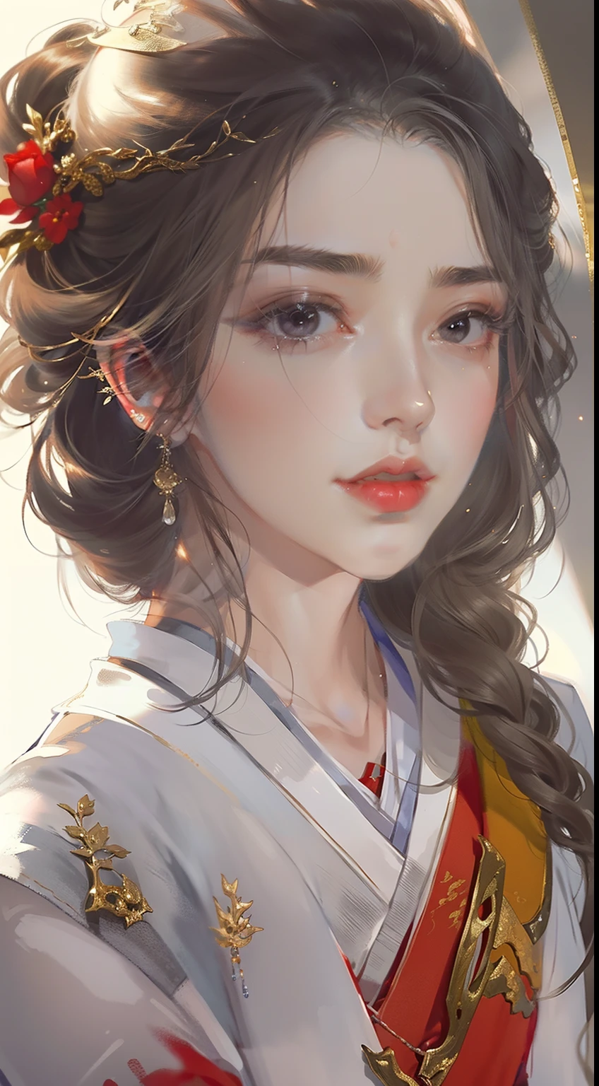 A beautiful girl、fullbody image，Look at each other，Gentle eyes，Clear facial features，wearing a red Hanfu，Kingly temperament，cinematic rim light，The light is delicate，tmasterpiece，ultra - detailed，Epic composition，Super HD，high qulity，HighestQuali，32k，1girl