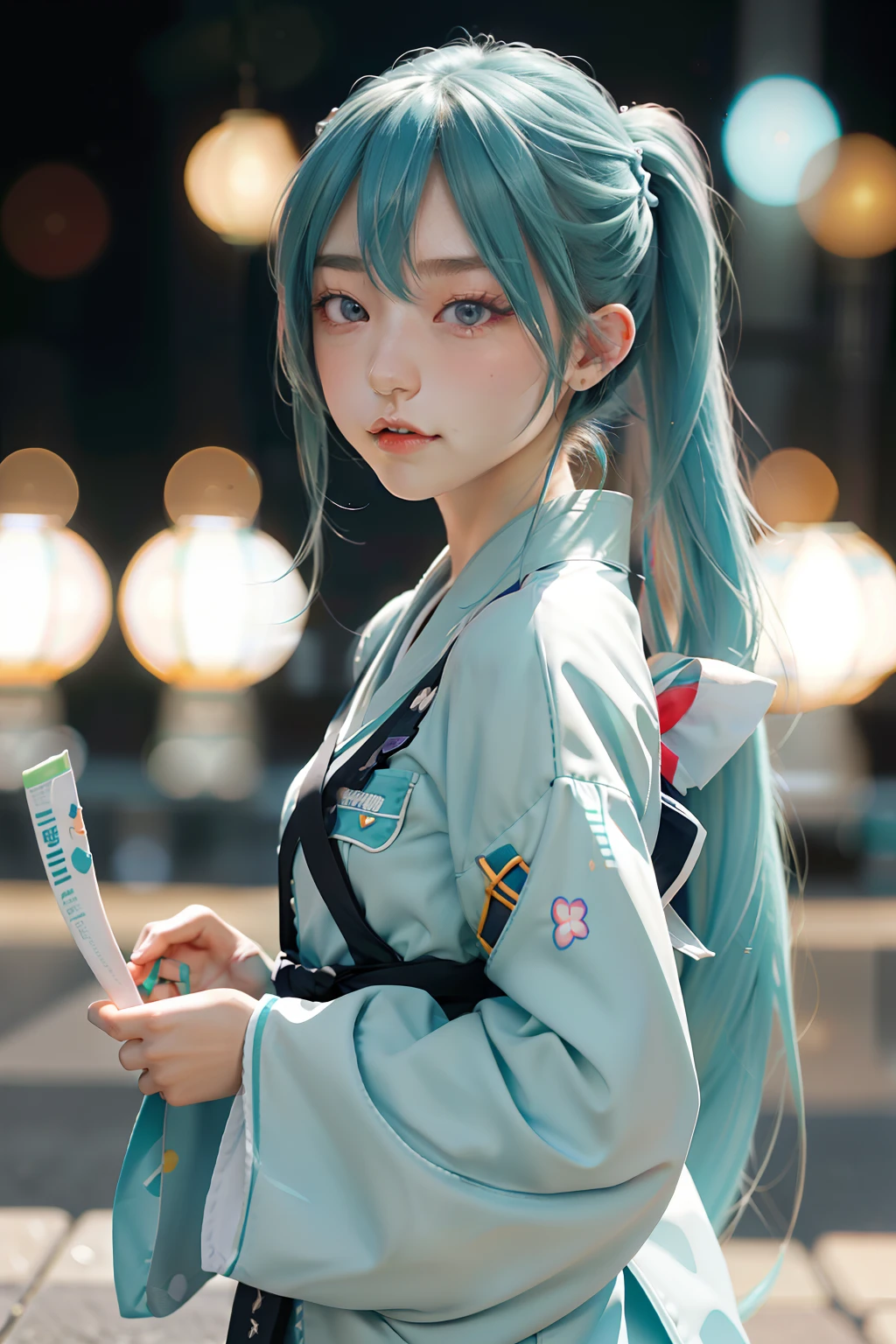 cool、sidelong glance、Stranger、30-years old、miku hatsune、Midori God、Twin-tailed、Photorealsitic, hight resolution, Korea person, Heterochromia eyes, small moles under eyes,femele,japanes,Elytic details, hight resolution,bokeh dof,excellent details