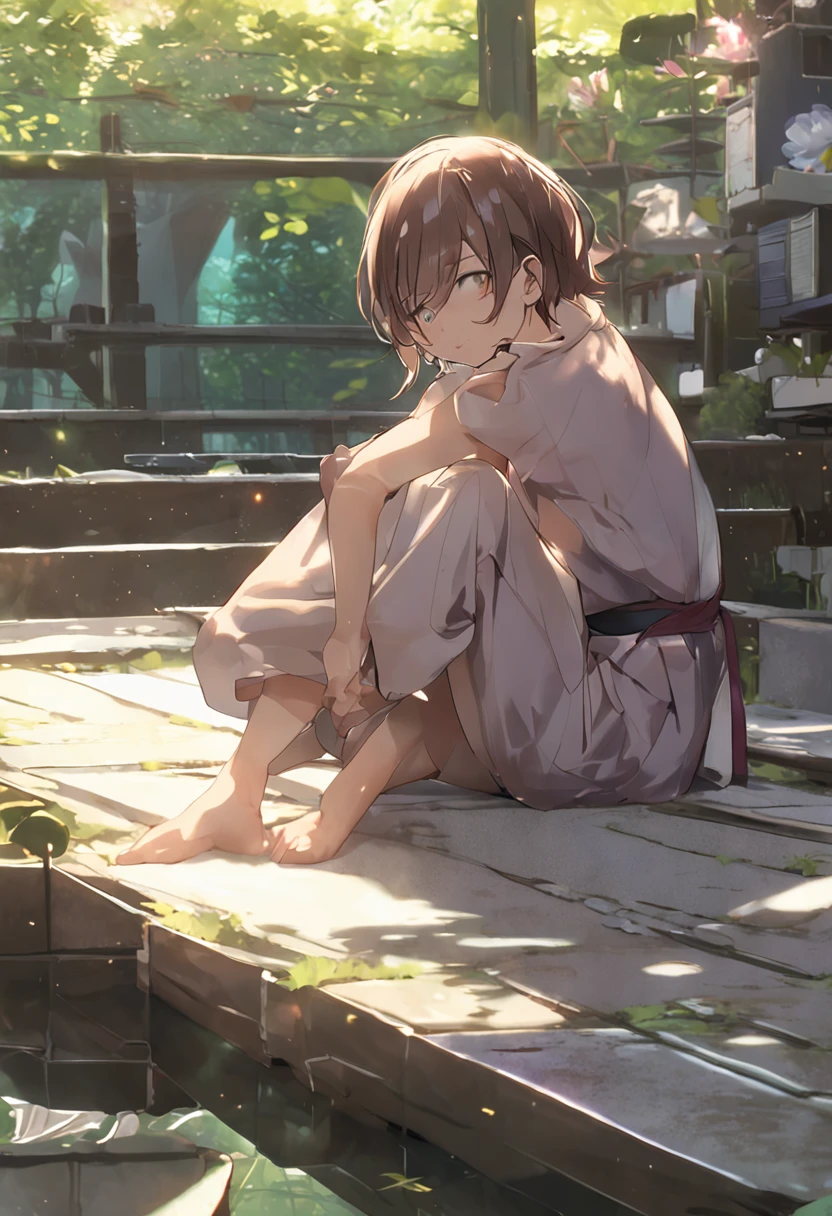 ((Top quality, 8K, Masterpiece: 1.3)), Photoreality (1.4)), RAW photo, Single woman, Light brown hair, Bob cut, super delicate face Japan, (Delicate eyes, Purple eyes),Double eyelids, Light smile, (Beige perforated underwear: 1.4), (Big: 2), (sitting open crotch: 1.5), Back alley, (chest focus: 1.2), (Perspective: chest)