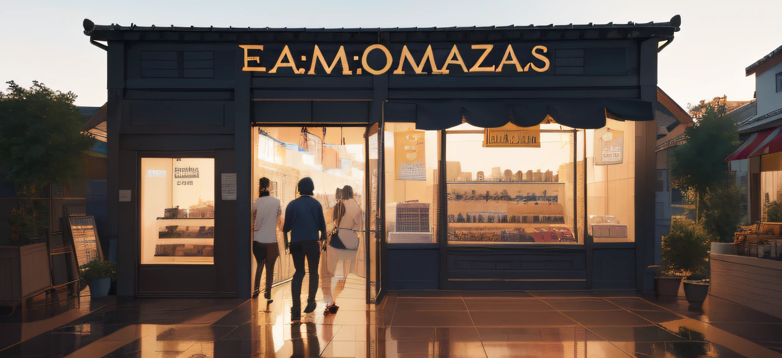 There's a photo of a storefront with a sign above it, emprestarização mantra, by Gina Pellón, loja, fachada da loja, by Amelia Peláez, inspired by Márta Lacza, inspired by Gina Pellón, Directed by: Ignacio Zuloaga, 3 d renders, emprestar, Arte Digital. @mariomaniacdude, adicione alguns elementos de movimento, Like people walking on the sidewalk in front of the store, Add lighting to the façade sign, loja dentro do shopping, cores roxo e amarelo segundo a original, nome "MARIA PITANGA" no letreiro.