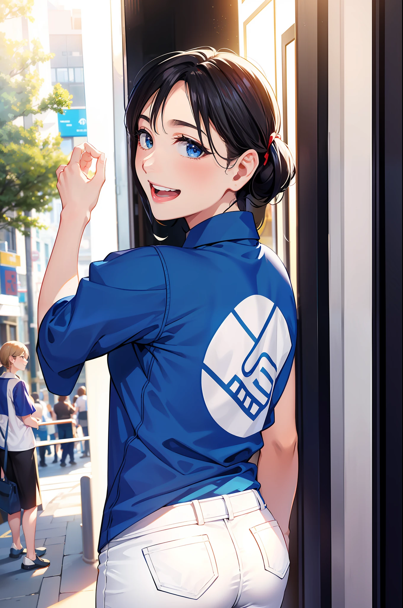 masuter piece, 独奏, Turn around、facing back、Beautiful woman looking back、Blue polo shirt, Beautiful girl with a refreshing smile, Blue polo shirt, Beautiful sunlight, Fine expression, dynamic ungle, Beautuful Women, Background in the city, Stand up straight,animesque