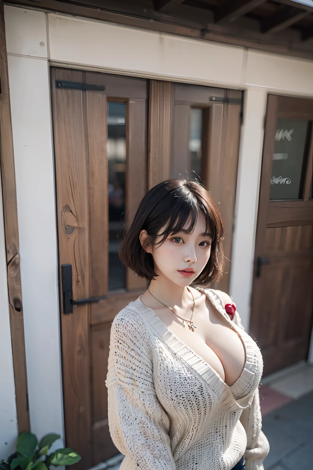 (top-quality、8K、32K、tmasterpiece、hyper HD:1.2)、Photo of a cute Japanese woman、(gigantic cleavage breasts)、Large full breasts、short-hair、The upper part of the body、sface focus、Oversized_Sweater、a necklace、simple background、from the above、looking at viewert、