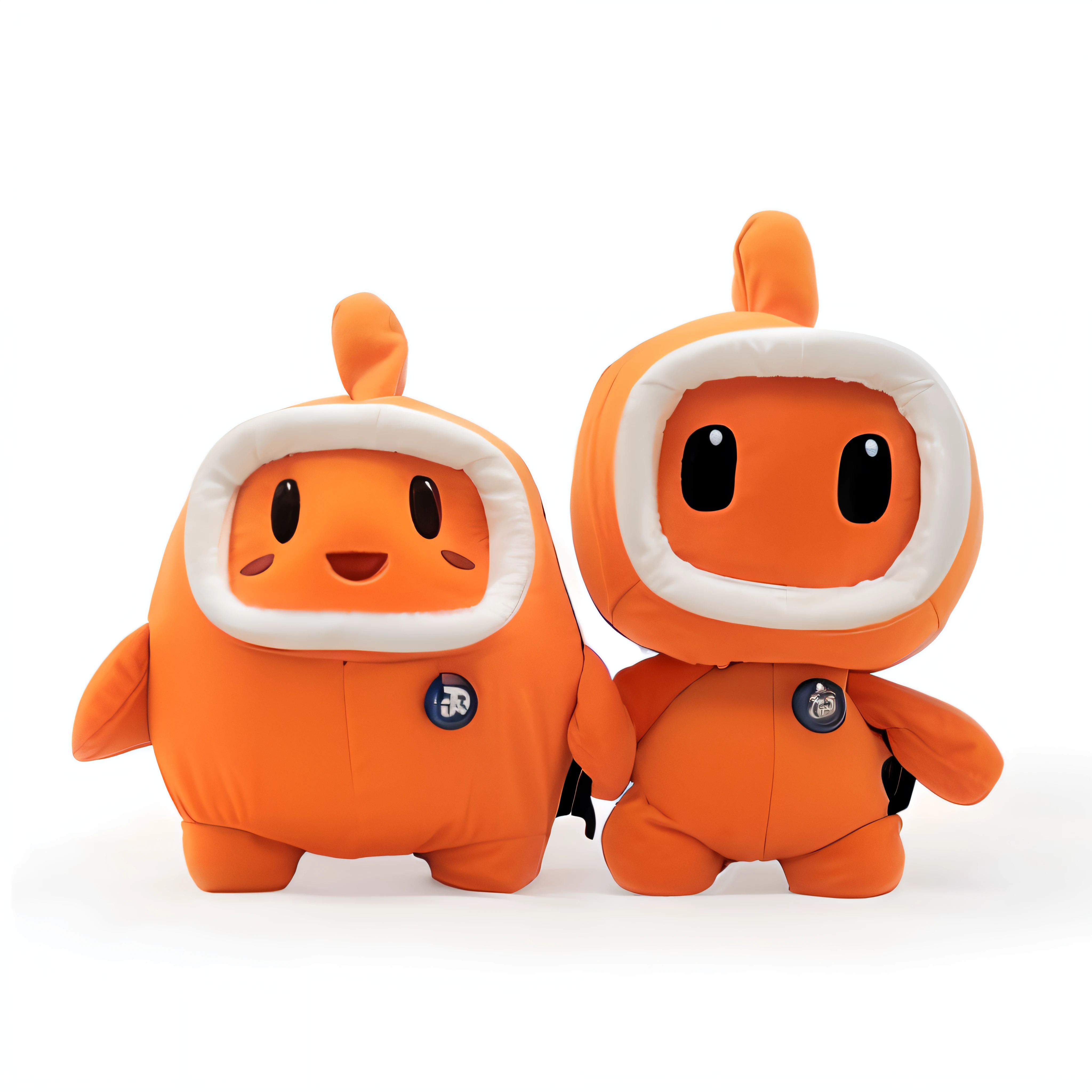 Two orange plush animals in spacesuits stand side by side, cute coronavirus creatures!, plush mascot, cute coronavirus creatures, plush, plushies, stuffed doll, fumo plush, among us character, among us crewmate, small astronauts, cute fumo chibi plush imp, kano), cute cyber gods, toonix character, hug