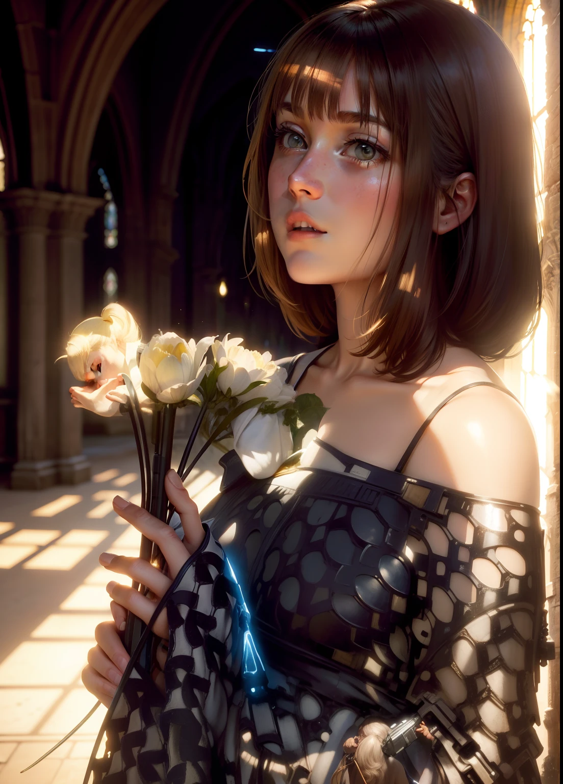 In Cathedral,A maiden praying with a gun,Sunlight on the face,dingdall effect,