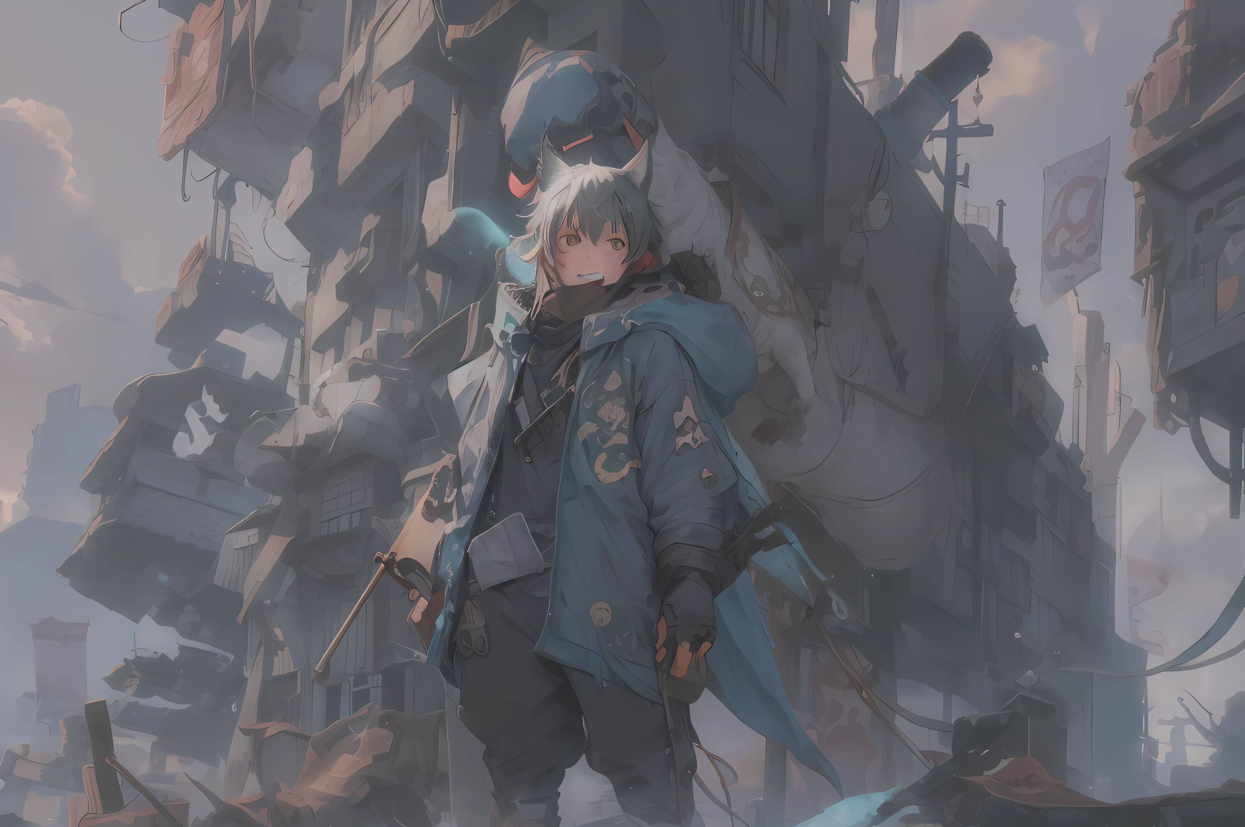 Personaje de anime parado frente a una estructura gigante con un gato, Guweiz en Artstation Pixiv, Obras de arte al estilo de Guweiz, Guweiz en Pixiv Artstation, Artgerm y Atey Ghailan, Guweiz, Tendencias en ArtStation Pixiv, Krenz Cushart y Wenjun Lin