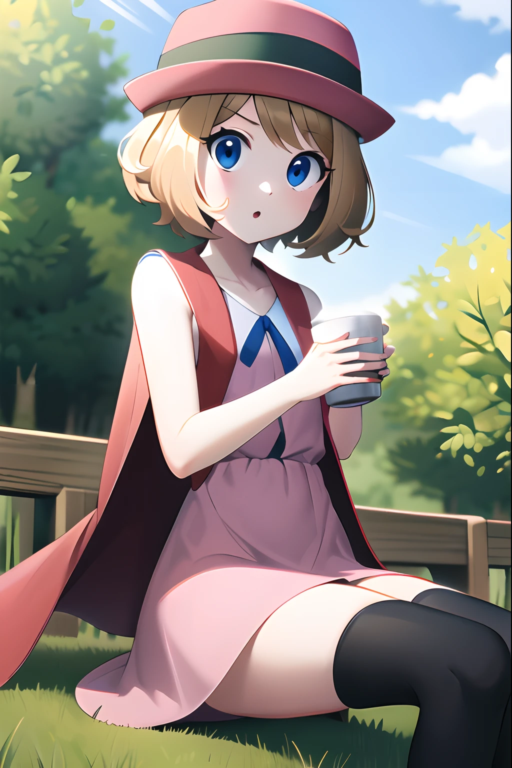 masterpiece, best quality, highres, serena \(pokemon\), short hair, blue eyes, 1girl, solo, blue ribbon, eyelashes, black thighhighs, neck ribbon, sleeveless, bangs, collarbone, bare arms, pink dress, red coat, pink headwear, <lora:serena_v1:0.6>, outdoors, sitting, coffee, mug, cup