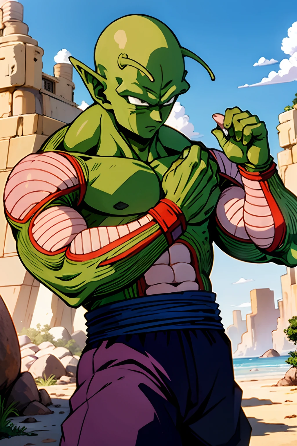 masterpiece, best quality,piccolo, 1boy, male focus, solo, fighting stance, pointy ears,(topless:1.3), green skin, oni horns, purple pants, closed mouth, ((bald)),pink patches,black eyes, blue sash