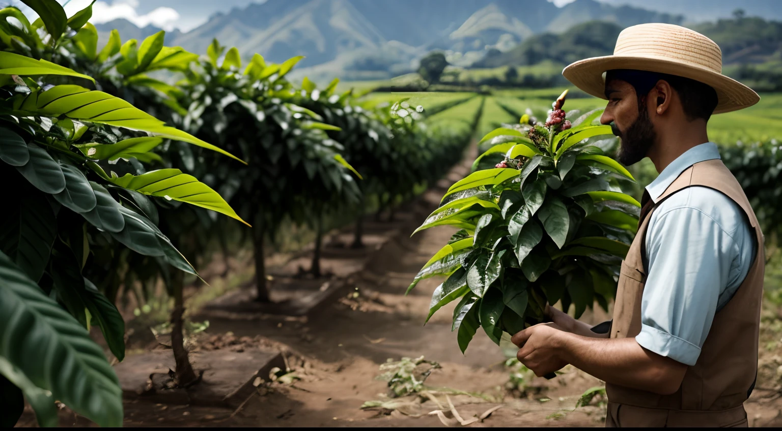 [A detailed description of a scene featuring a male individual standing in the midst of a lush coffee field. The man is dressed in casual yet functional attire suitable for working in the field. He wears a wide-brimmed hat to shield himself from the sun, a comfortable shirt, and sturdy pants that protect him from the terrain. His expression is a mix of focus and contentment, indicating his connection to the labor he is engaged in.], [The coffee field is a sprawling expanse of vibrant green, with rows of coffee plants stretching as far as the eye can see. The plants are laden with coffee cherries in varying stages of ripeness, creating a visual spectacle of natural abundance. The air carries the earthy aroma of coffee and the sounds of nature, immersing the man in his environment.], [The man's posture is relaxed yet purposeful, reflecting his familiarity with the coffee cultivation process. In one hand, he holds a woven basket filled with freshly picked coffee cherries, and in the other, he cradles a pair of pruning shears. His stance suggests that he is taking a moment to appreciate the fruits of his labor and the beauty of the land around him.], [The mood of the scene is one of connection to nature, hard work, and appreciation. The man's presence in the coffee field reflects a symbiotic relationship with the land and the crops it yields. The scene aims to convey a sense of tranquility and fulfillment, capturing the harmony that can exist between individuals and the natural world when tending to the land.], [Photography (Lifestyle style) captured by a skilled photographer with an understanding of rural life and agriculture. The photographer uses natural lighting to illuminate the man's features and the coffee field, capturing the rich colors and textures of the scene. The composition is thoughtfully arranged to emphasize the man's role in the field and his connection to the environment.]