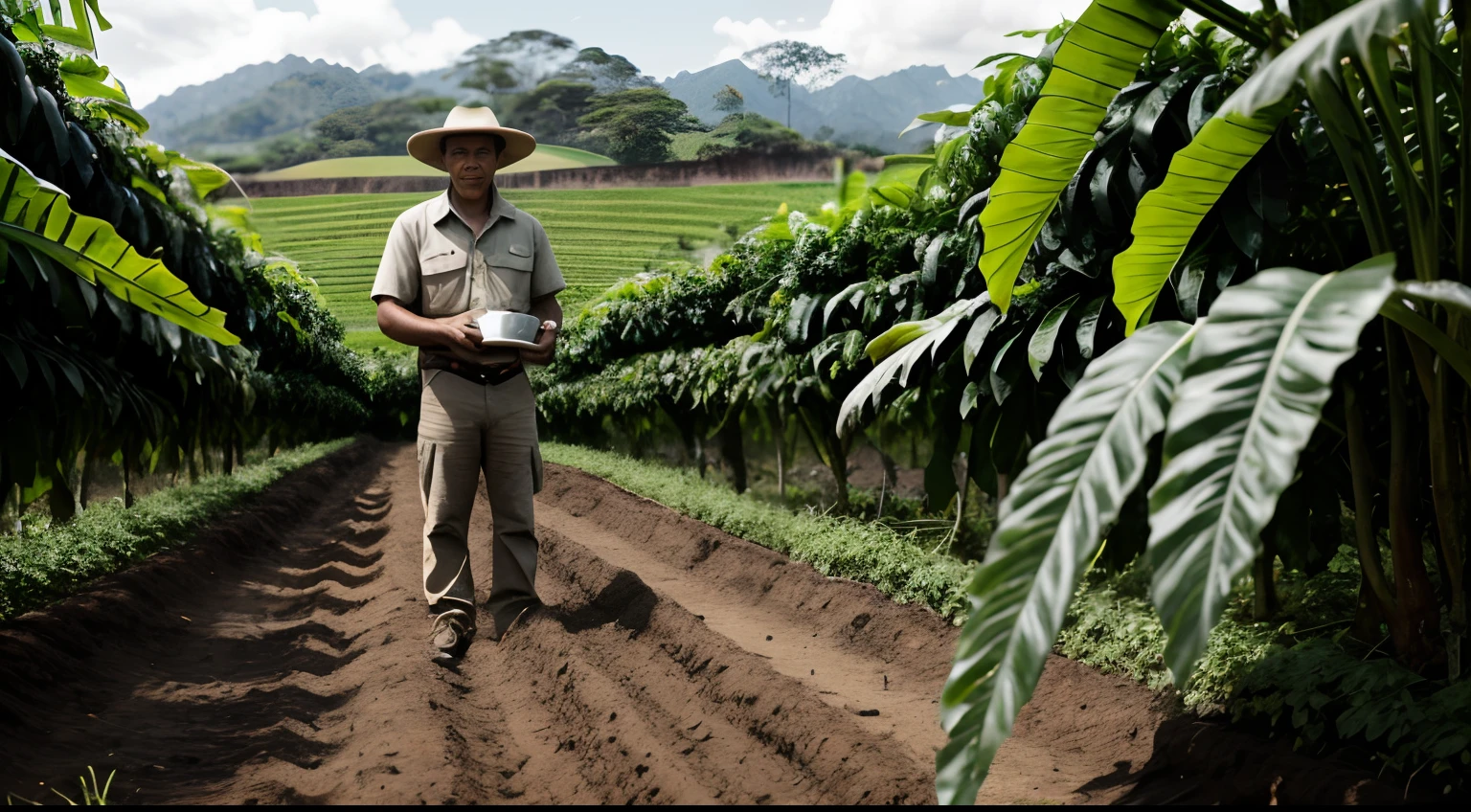 [A detailed description of a scene featuring a male individual standing in the midst of a lush coffee field. The man is dressed in casual yet functional attire suitable for working in the field. He wears a wide-brimmed hat to shield himself from the sun, a comfortable shirt, and sturdy pants that protect him from the terrain. His expression is a mix of focus and contentment, indicating his connection to the labor he is engaged in.], [The coffee field is a sprawling expanse of vibrant green, with rows of coffee plants stretching as far as the eye can see. The plants are laden with coffee cherries in varying stages of ripeness, creating a visual spectacle of natural abundance. The air carries the earthy aroma of coffee and the sounds of nature, immersing the man in his environment.], [The man's posture is relaxed yet purposeful, reflecting his familiarity with the coffee cultivation process. In one hand, he holds a woven basket filled with freshly picked coffee cherries, and in the other, he cradles a pair of pruning shears. His stance suggests that he is taking a moment to appreciate the fruits of his labor and the beauty of the land around him.], [The mood of the scene is one of connection to nature, hard work, and appreciation. The man's presence in the coffee field reflects a symbiotic relationship with the land and the crops it yields. The scene aims to convey a sense of tranquility and fulfillment, capturing the harmony that can exist between individuals and the natural world when tending to the land.], [Photography (Lifestyle style) captured by a skilled photographer with an understanding of rural life and agriculture. The photographer uses natural lighting to illuminate the man's features and the coffee field, capturing the rich colors and textures of the scene. The composition is thoughtfully arranged to emphasize the man's role in the field and his connection to the environment.]