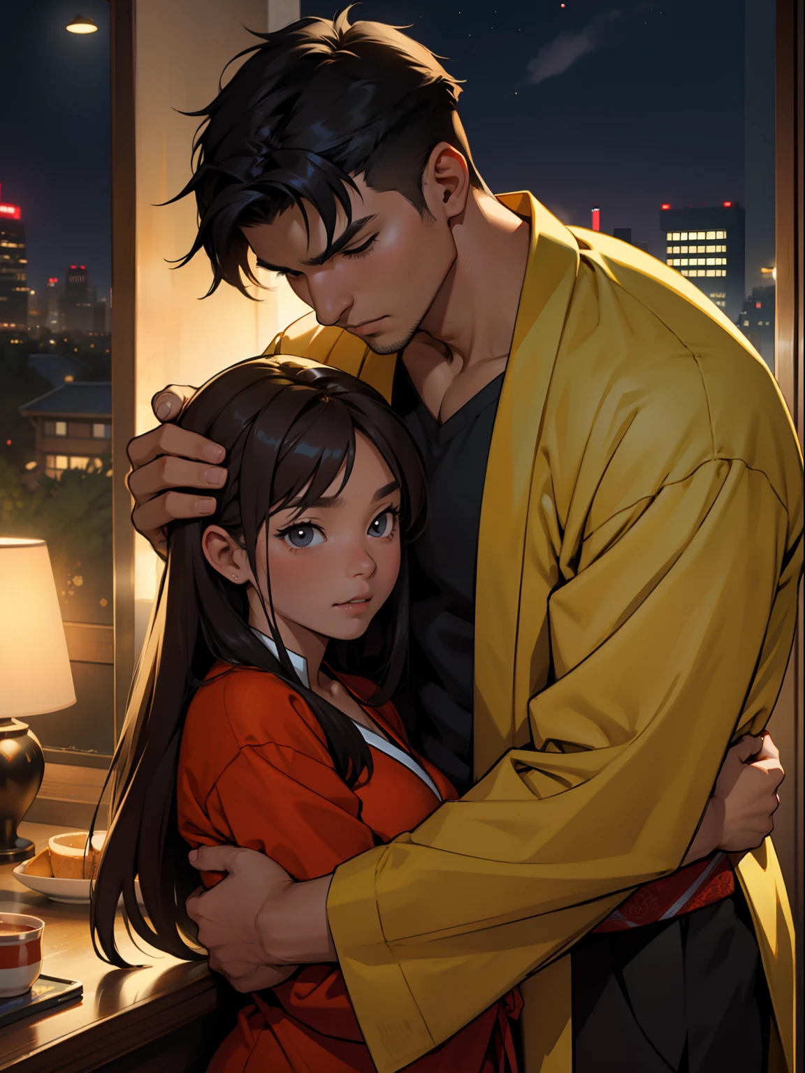 A man and a woman,Snuggle together,Wearing a Tang costume,the night,youthfulness,