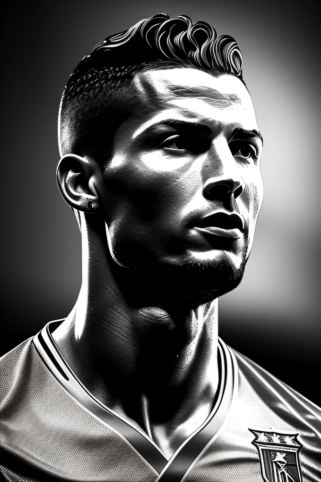 An ultra-realistic digital work of art showing busts sculpted from solid silver in high-contrast, lifelike detail: cristiano ronaldo player image is in high-resolution photographic style