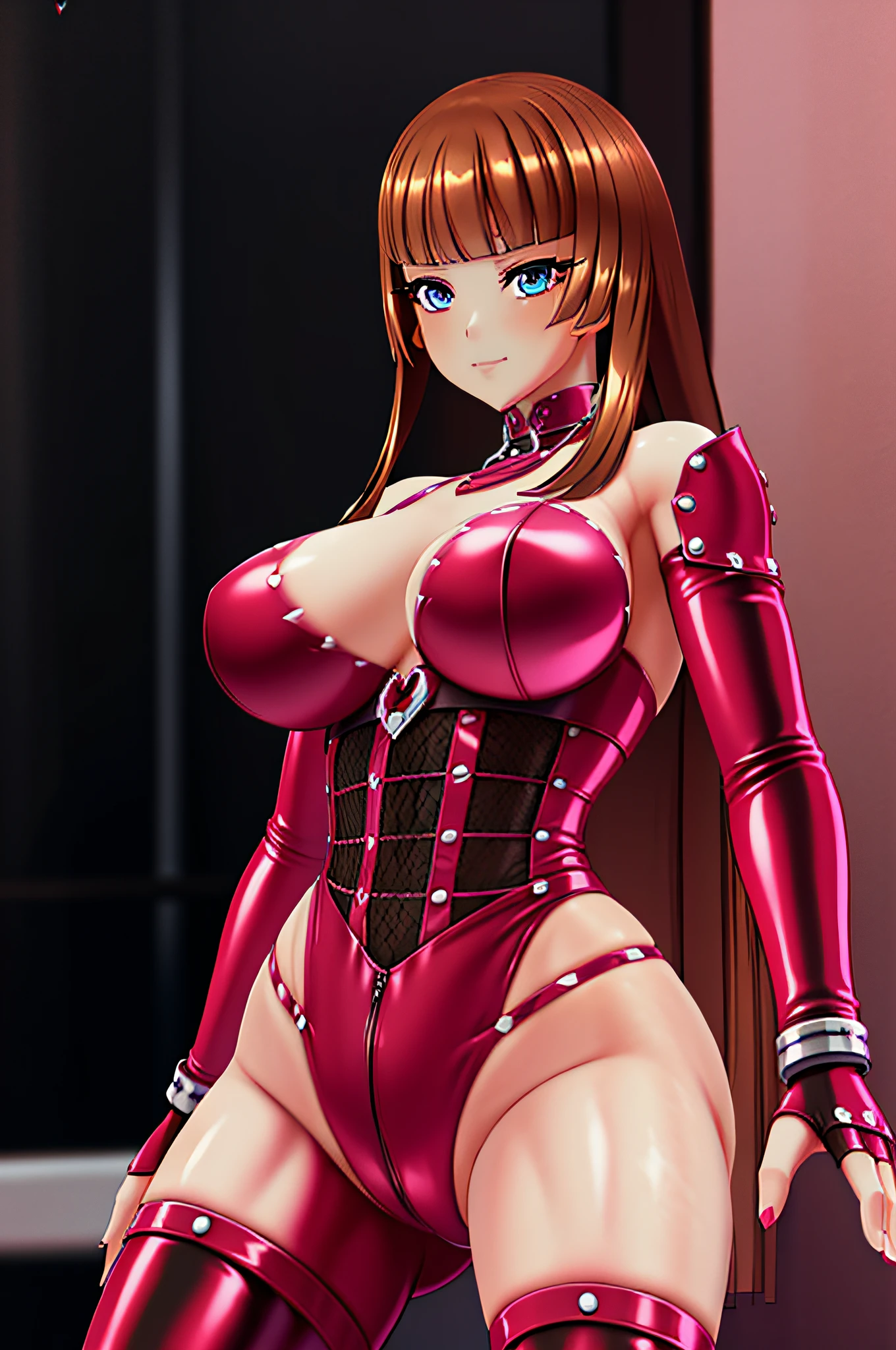 Una mujer con un vestido rosa y medias negras posando, biomechanical oppai, streamlined pink armor, Render de abril, Armadura rosa resbaladiza, Anime estilo 3D, Render de Mirabel Madrigal, Detalles de cuerpo completo, Renderizado de cuerpo completo, Chica anime 3D, Pelo rosa de cola doble y ojos cian, Render de una linda chica de anime 3D