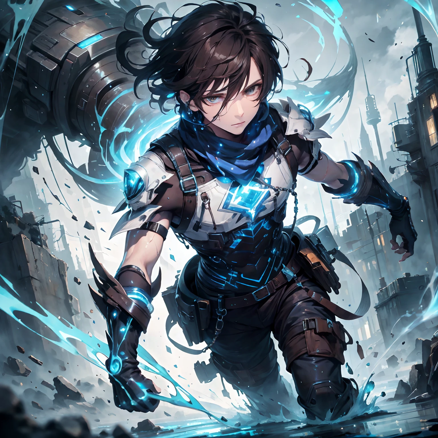 (absurdres, highres, ultra detailed), masterpiece, best quality, real light and shadow, solo, full body,a boy with dark brown hair, sleeveless outfits, blue, handsome, bipedal, full pants, water, water power, mist, water hands,mist hands, soak, blue clothes, buff, finely eye, detailed face, detailed eye, scarf, white coat, white clothes, arm braces, futuristic technology, from below, look down, futuristic earpiece,futuristic city, wet background, swirl, spark, superhero landing shot, BREAK, dark brown eyes