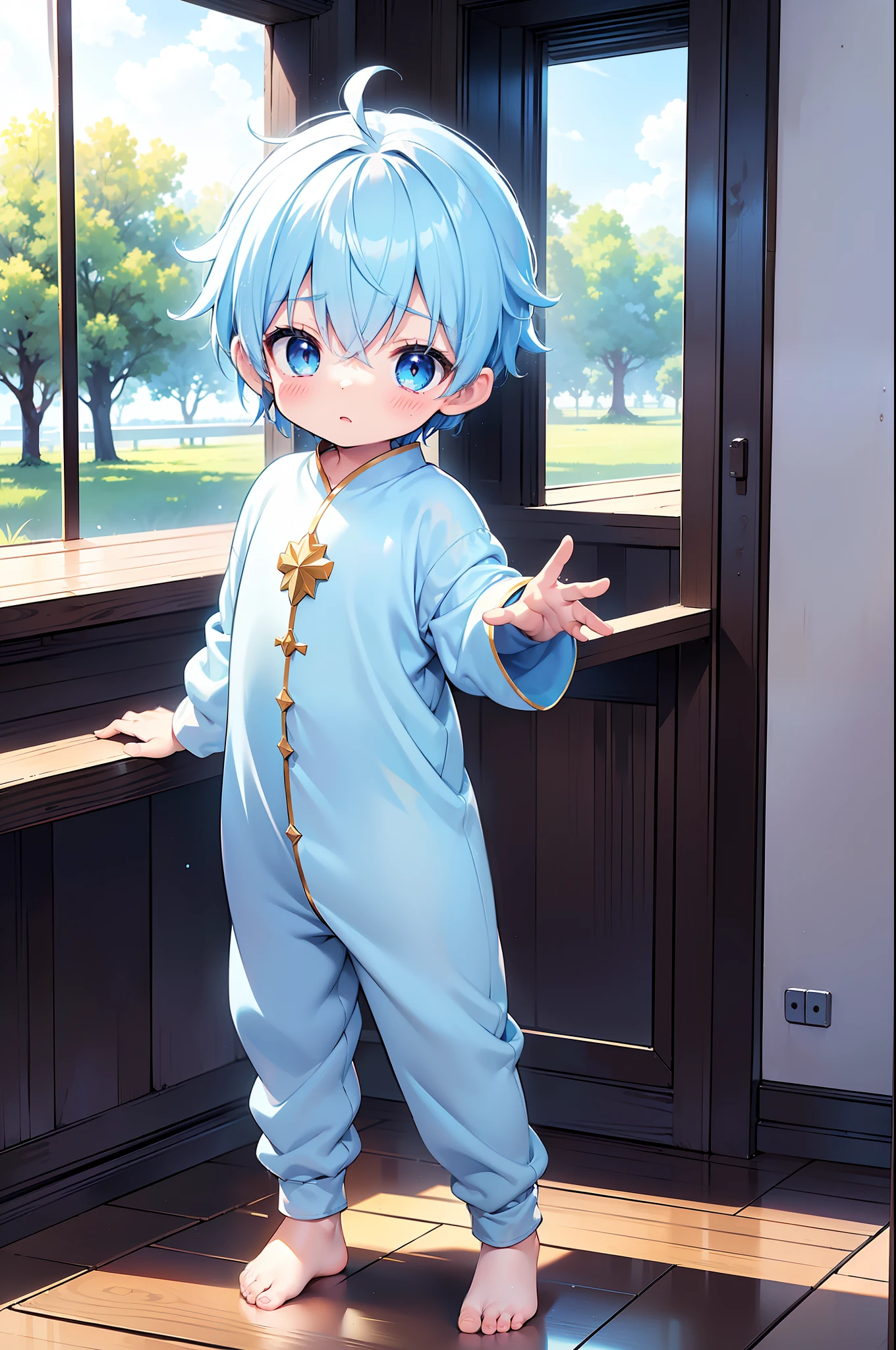 4k, (Masterpiece:1), ********** with blue colored hair and shiny, glowing cyan eyes and barefoot, standing on field, epic, cinematic, young, boy, child, small, toddler, tiny feet, focus on feet, feet, blushing, (Young:1.4), (Child:1.4), (Shota:1.4), (male:1.4), (boy:1.4), (divine clothes:1.4), (epic:1.4), (posing:1.4), (cinematic:1.4),