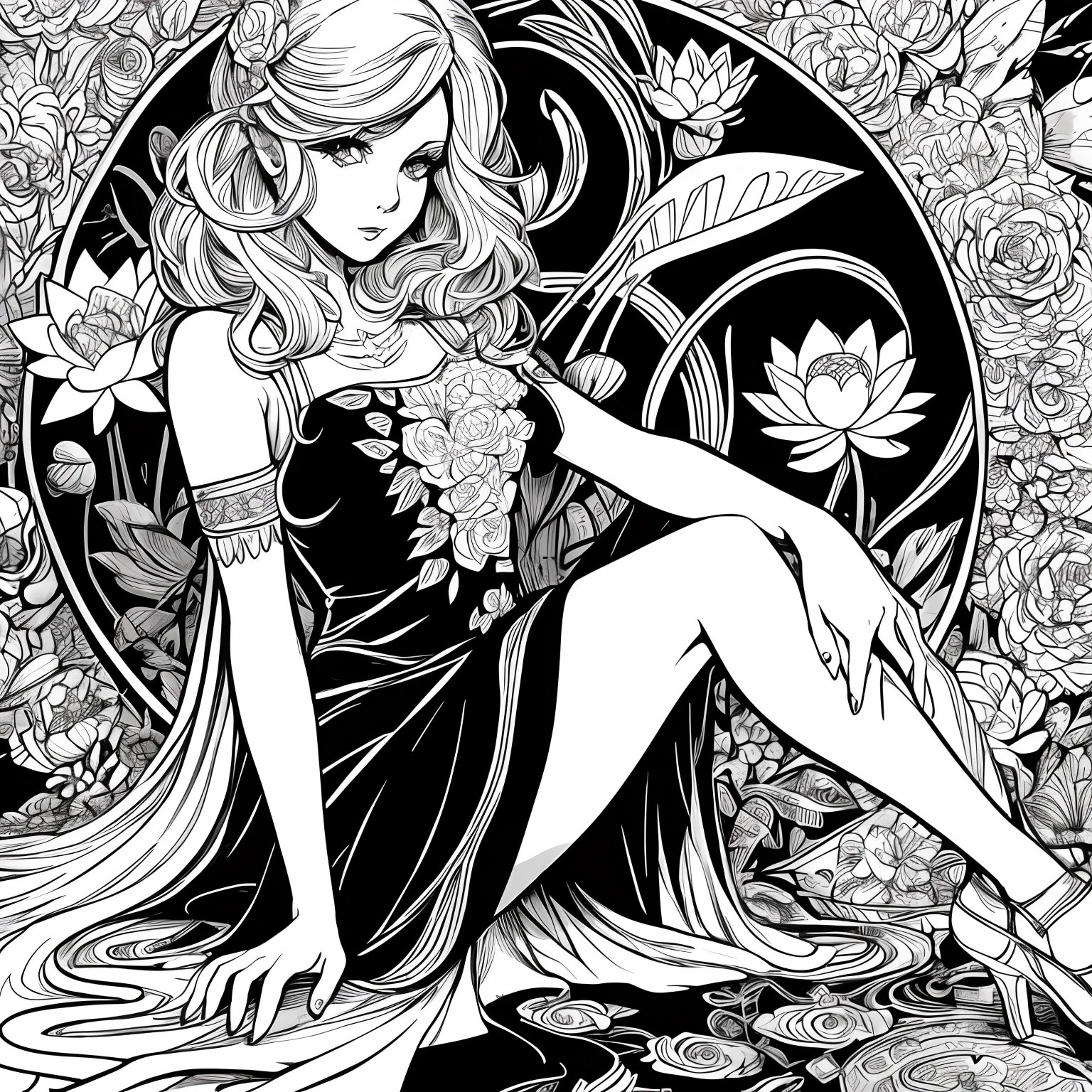 Black and white stick figure girl with lotus flower in background, in dress with flowers, its fine ink line art, comic style, portrait of ploynesian girl, Marilyn Munroe, Hollywood glam, beautiful line art, black and white comic style, manga style, manga art style, pencil and ink caricature drawing, black and white coloring --auto --s2