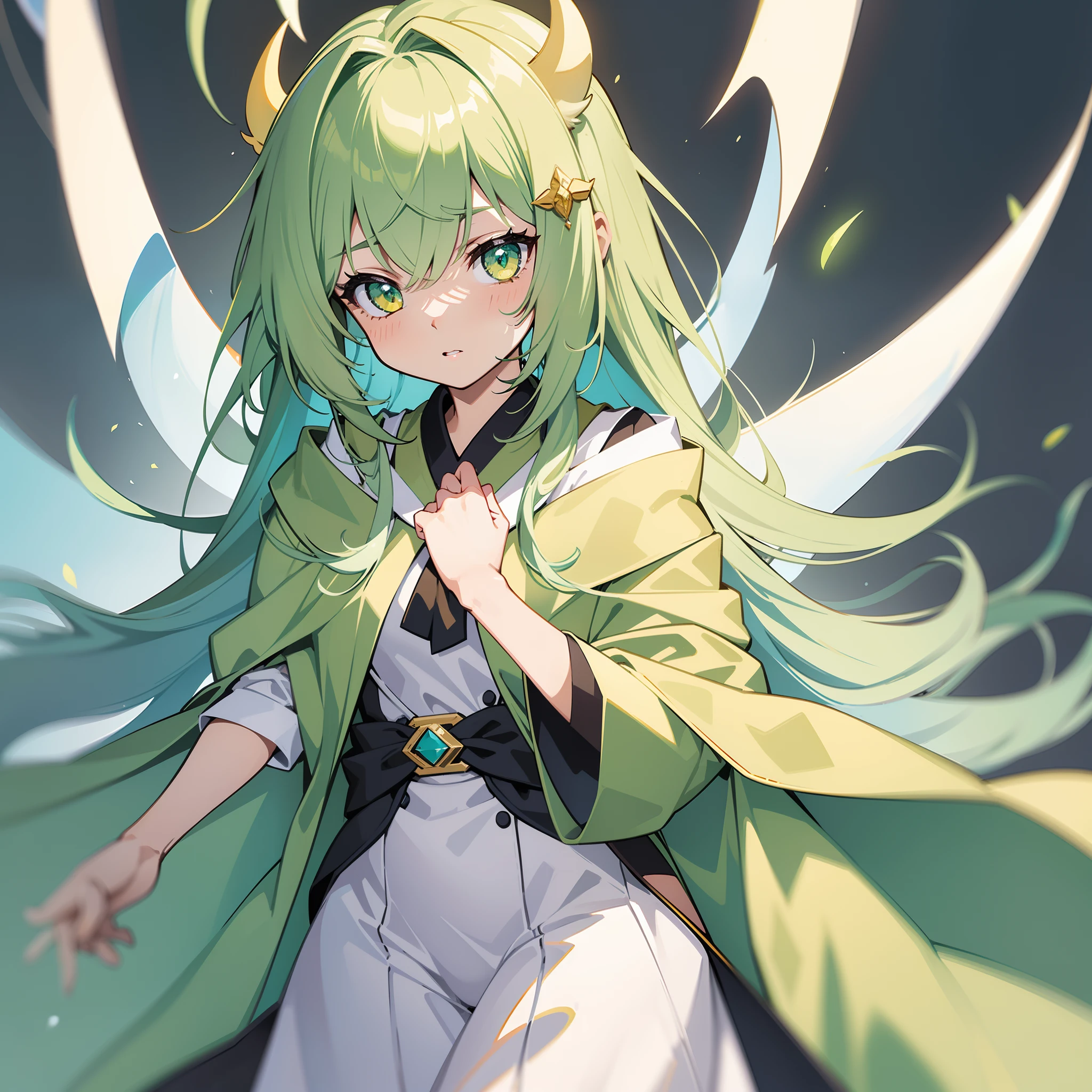 {{Best quality}}, {{Masterpiece}}, {{super ultra detail}}, {{illustration}}, {{Detailed light}}, one-girl,Lime yellow,Gradient, Turquoise eyes, style, beast ear,The robes of the priests