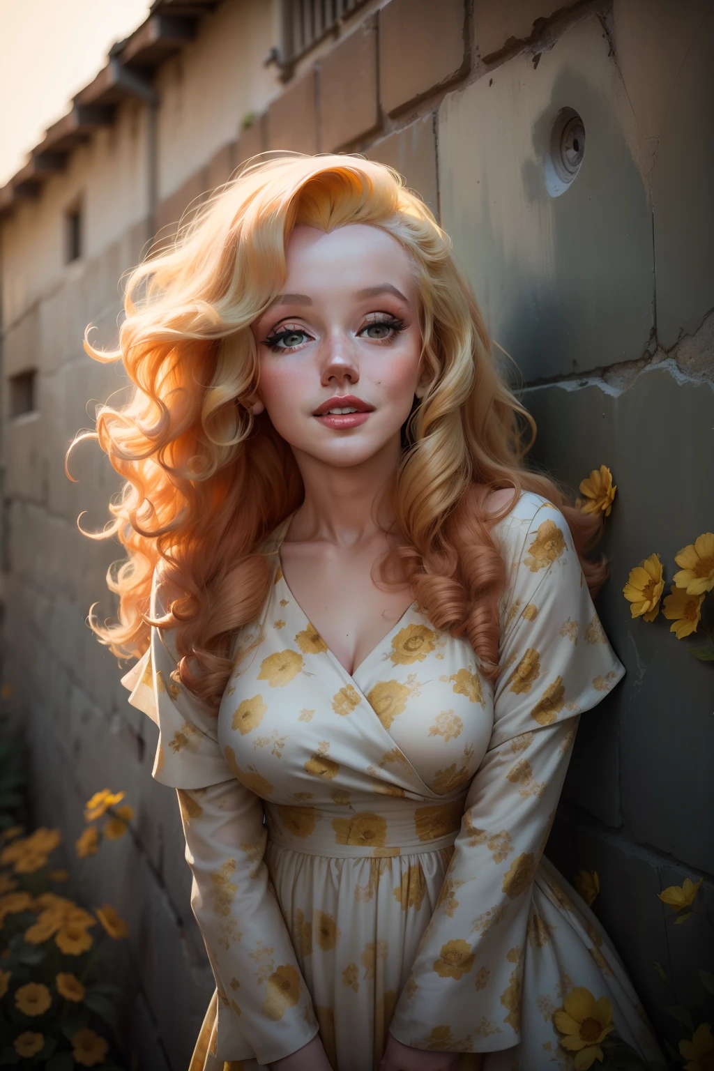 portrait of Marilyn Monroe with long ginger wavy hair standing in front of a back lot wall, wearing a yellow floral dress, fall vibes, blushed, looking at the camera, colorful scene, midshot, focus on face sadness in her eyes , professional photography, ultra sharp focus, tetradic colors,