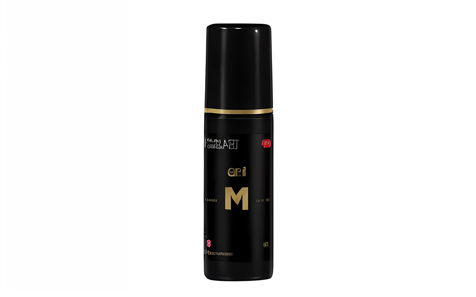 "A bottle of black hair product spray on black background,all black matte product,professional product shot,Golden light,35mm product photo,hair fluid,hair gel combed backwards,product image,detailed product image,textured base,black main color,35mm 8k product photo,Black oil"