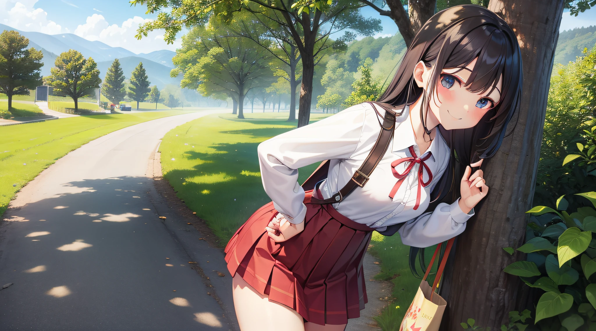 female pervert countryside 校服 skirt by the The tree Bag lowfers a smile