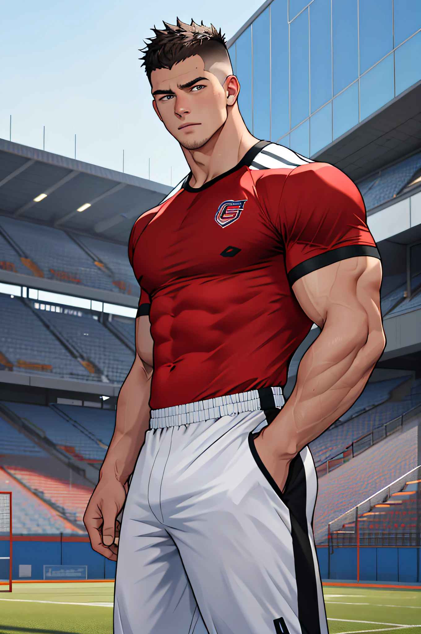 Draw a full-fledged athlete,Stand on the central field of the gym,He wears high-end sportswear,The man looks confident and determined,looking-down,Crew cut,full bodyesbian,shooting from below,
