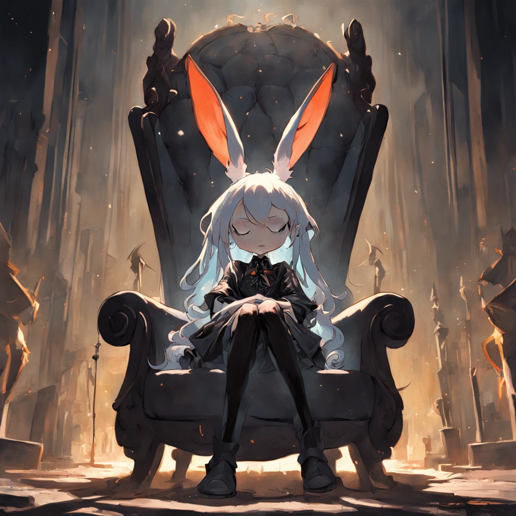 Un lapin en haut-de-forme est assis sur une chaise, in the style of nightmarish creatures. In the style of Adrian Ghenie, Esao Andrews, Jenny Saville, Edward Hopper, surrealism, Dark Art par James Jean, Takato Yamamoto, Minimalisme inkpunk. Dans le style Tim Burton. Dans le style Addams Family. Dans le style Corpse Bride.