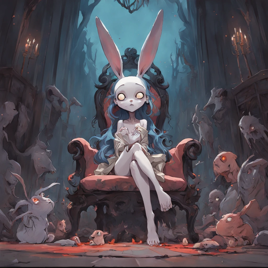 Un lapin en haut-de-forme est assis sur une chaise, in the style of nightmarish creatures. In the style of Adrian Ghenie, Esao Andrews, Jenny Saville, Edward Hopper, surrealism, Dark Art par James Jean, Takato Yamamoto, Minimalisme inkpunk. Dans le style Tim Burton. Dans le style Addams Family. Dans le style Corpse Bride.