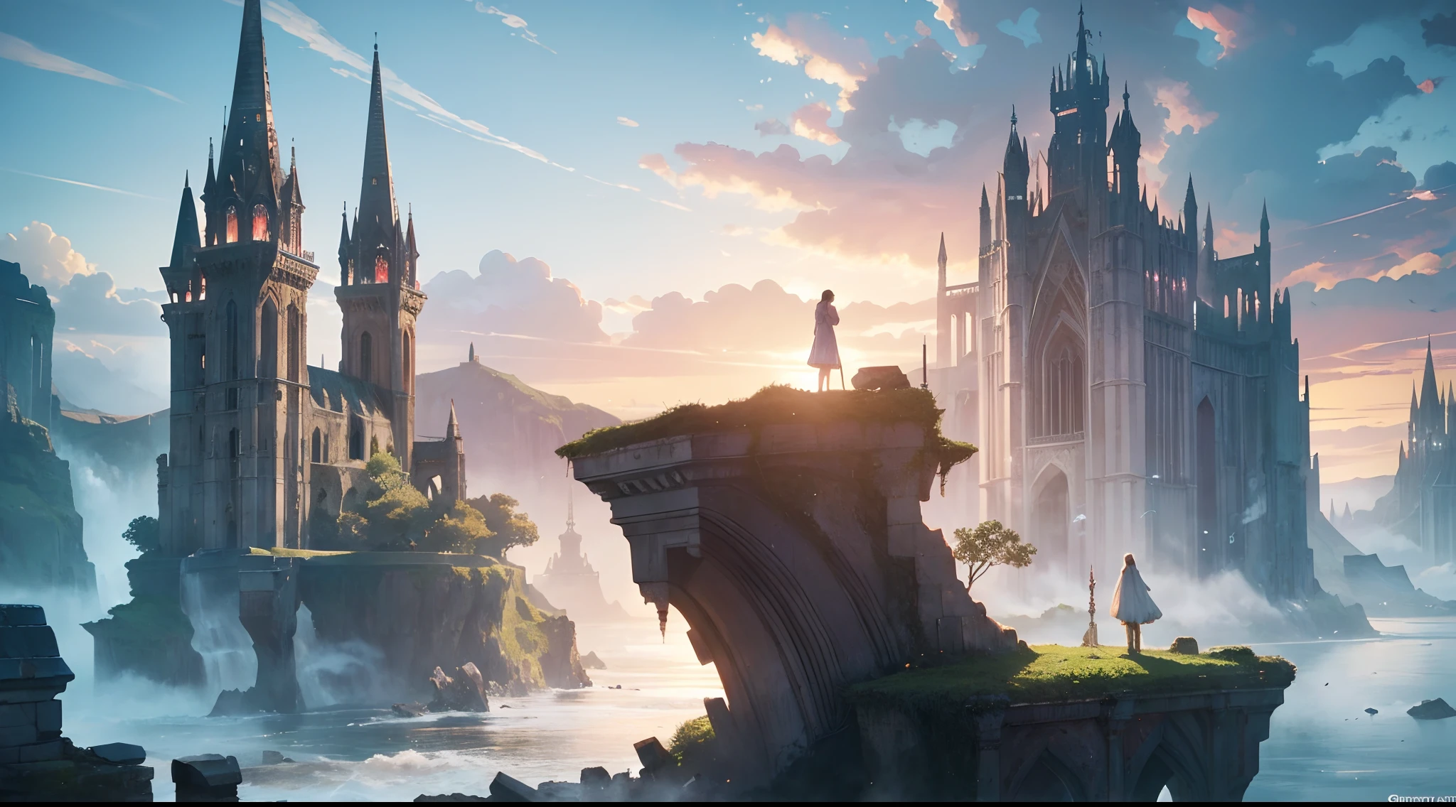 (by Greg Rutkowski: 1.2), (masterpiece), (best quality), extremely delicate and beautiful, illustration, (fantasy landscape), A mesmerizing fantasy landscape with enchanting elements blending seamlessly. (Majestic ruins on the ocean), (almost submerge), The sky is awash with hues of blue with view clouds. A sense of tranquility and wonder fills the air, inviting exploration and discovery, depth of field, HDR, intricate, delicate