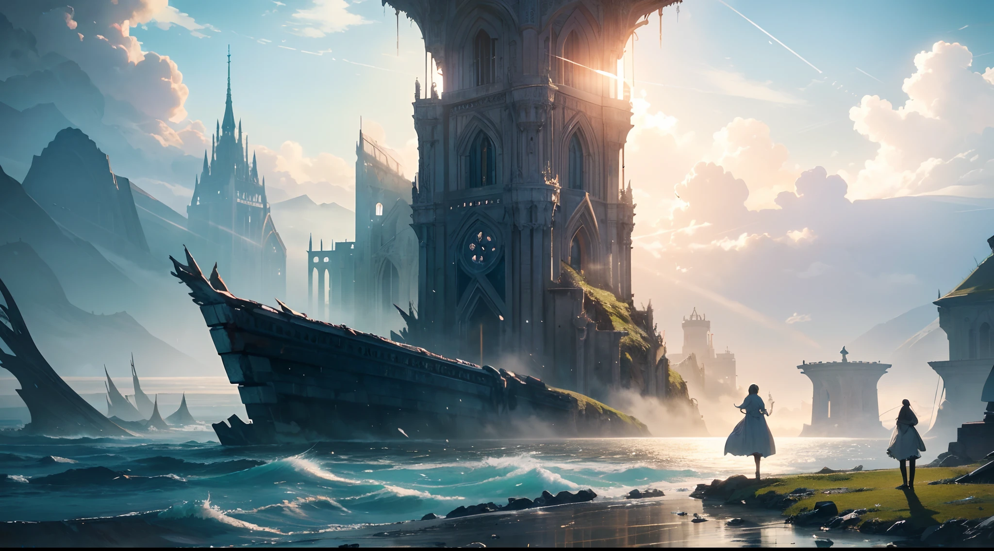 (by Greg Rutkowski: 1.2), (masterpiece), (best quality), extremely delicate and beautiful, illustration, (fantasy landscape), A mesmerizing fantasy landscape with enchanting elements blending seamlessly. (Majestic collapse ruin on the ocean), (almost submerge),  The sky is awash with hues of blue with view clouds. A sense of tranquility and wonder fills the air, inviting exploration and discovery, depth of field, HDR, intricate, delicate