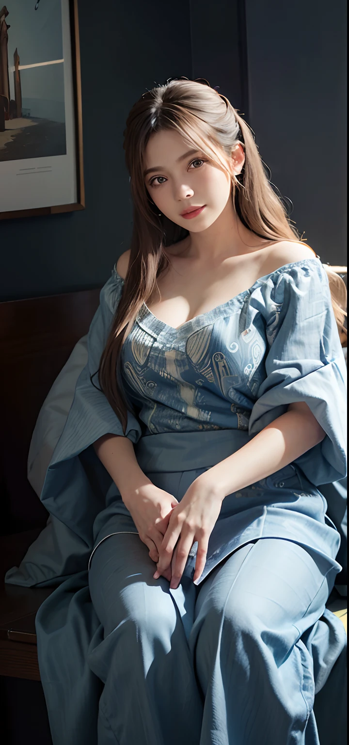 Portrait of a female hyperrealist by David Hockney and Alphonse Mucha、Fantasyart、Photorealsitic、动态照明、art stations、poster for、Volumetric lighting、extra detailed face、4 k、Award-winning、、1girl in、Dark、deep-shadows、lowkey、cowboy shot、(Formula service:1.4)、length hair、white hair、the face is slightly plump。