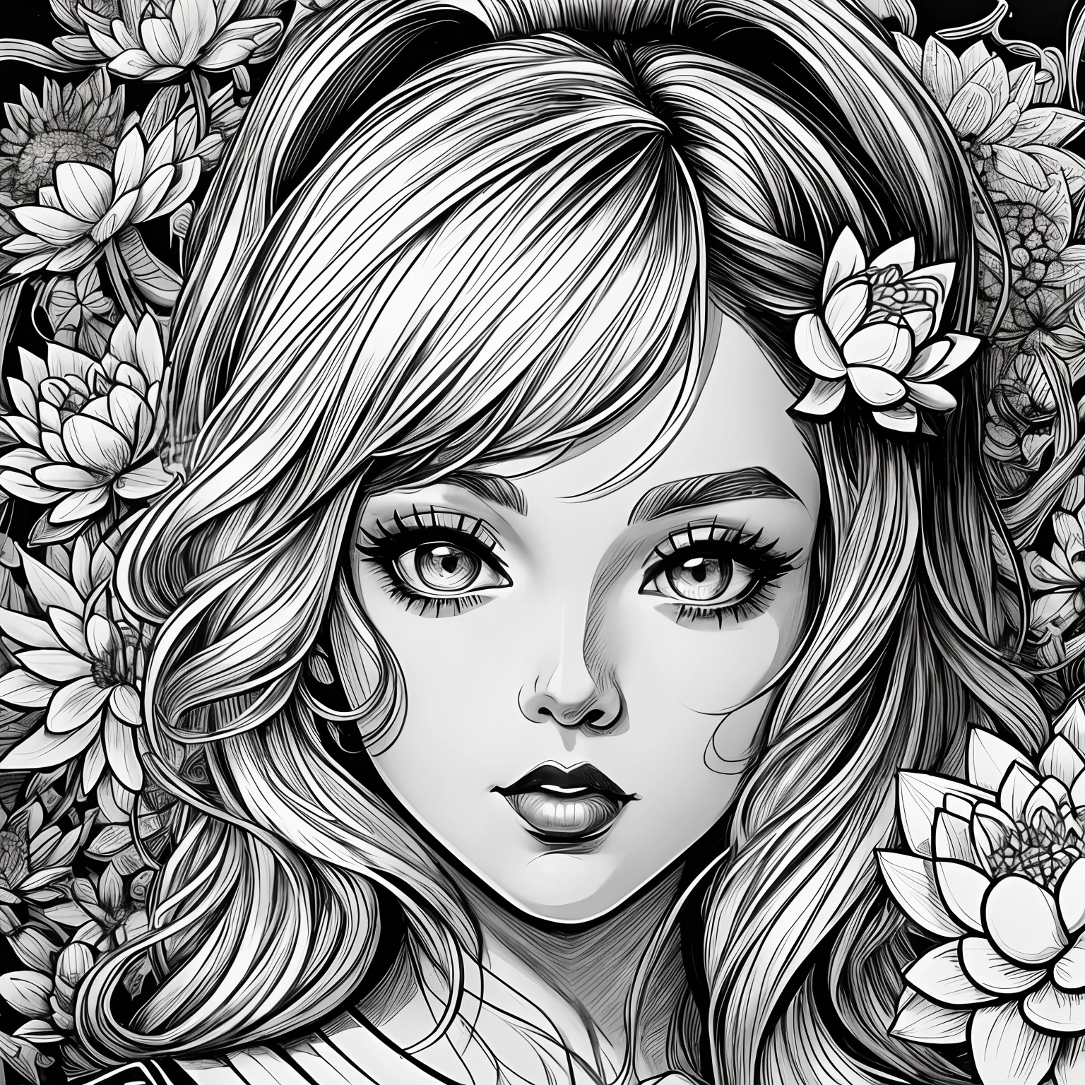 Black and white stick figure girl with lotus flower in background, loli in dress with flowers, its fine ink line art, comic style, portrait of ploynesian girl, Marilyn Munroe, Hollywood glam, beautiful line art, black and white comic style, manga style, manga art style, pencil and ink caricature drawing, black and white coloring --auto --s2